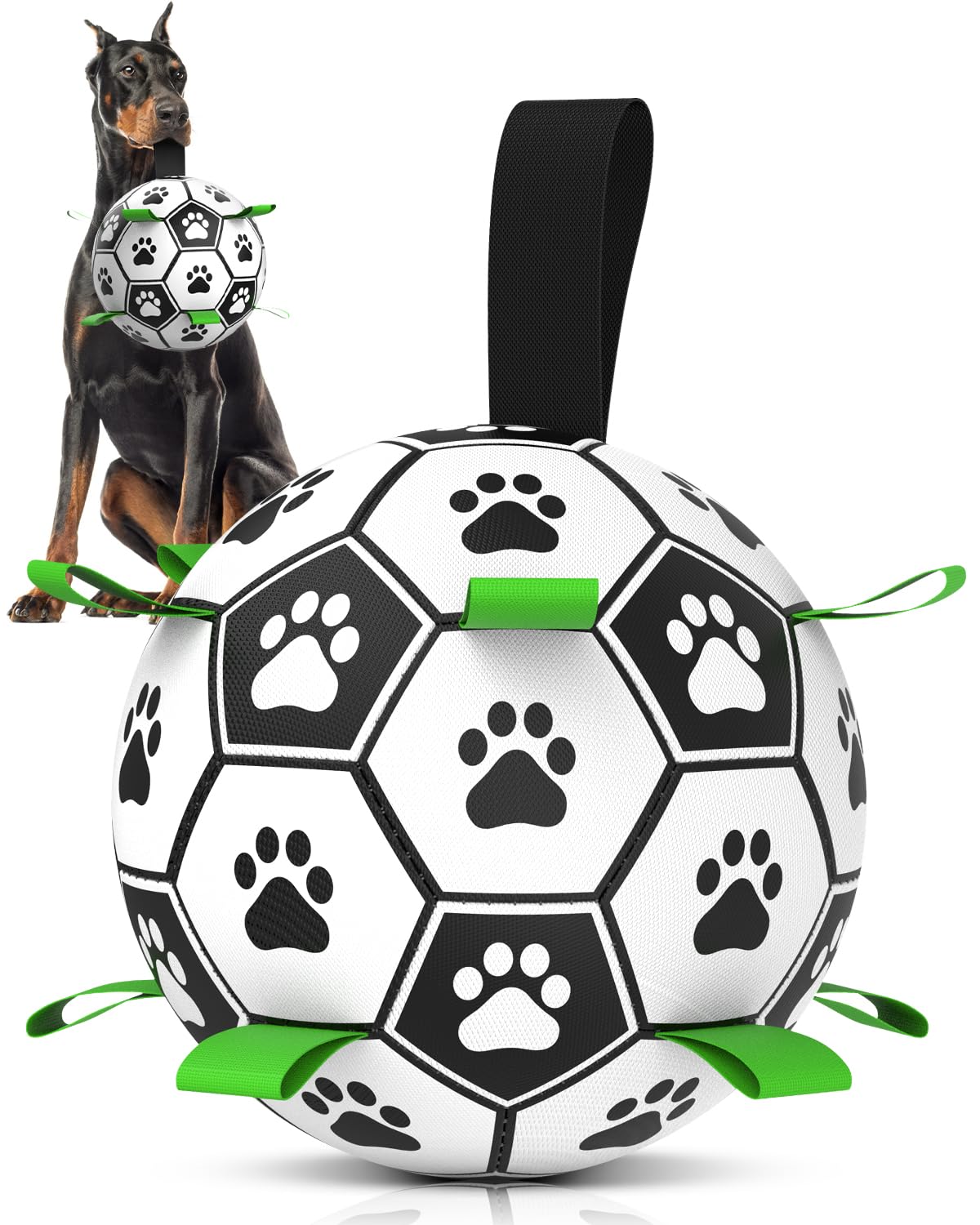 Qdan Dog Toys Soccer Ball With Straps - Durable Dog Balls For Giant Extra Large Dogs, Outdoor Dog Toys, Dog Water Toy, Herding Ball, Dog Birthday Gifts (10 Inch)