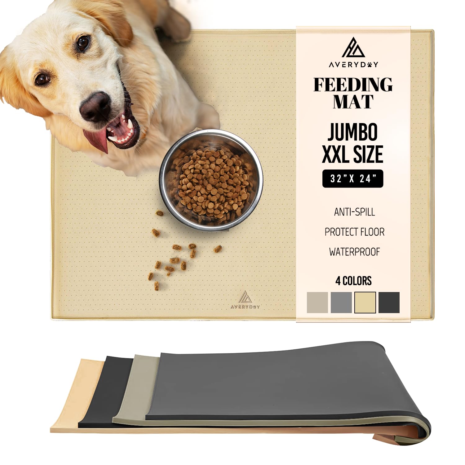 AVERYDAY 32x24 Large Silicone Cat Dog Food Water Bowl Mat Fits Multi Pet Feeding Stations, 0.63 High Edge Dog Food Mats for Fl