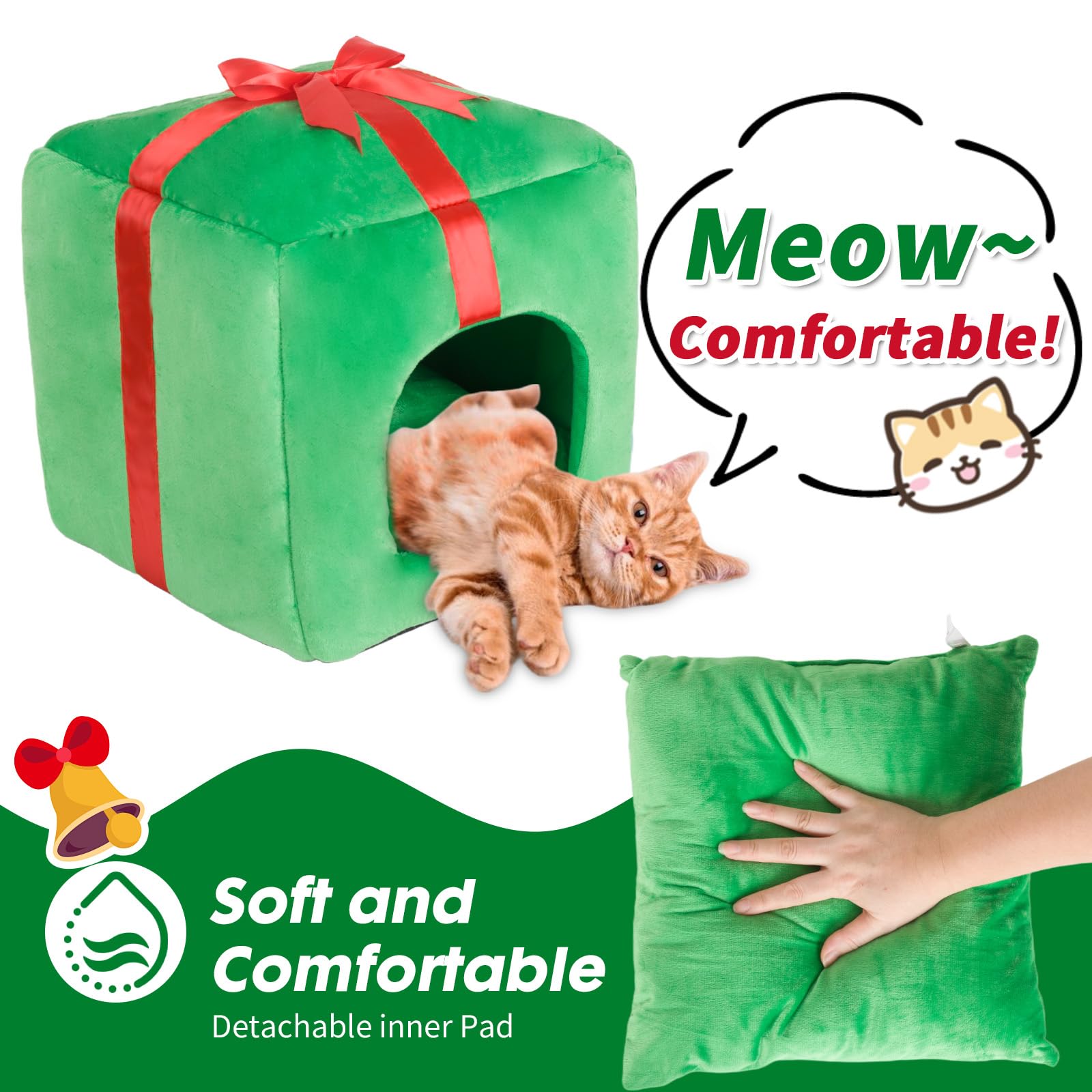 Powerking Christmas Cat House Square Cat Bed Cat Cave Removable Washable Cat Condos With Non-Slip Bottom And Cushion, Great Gift