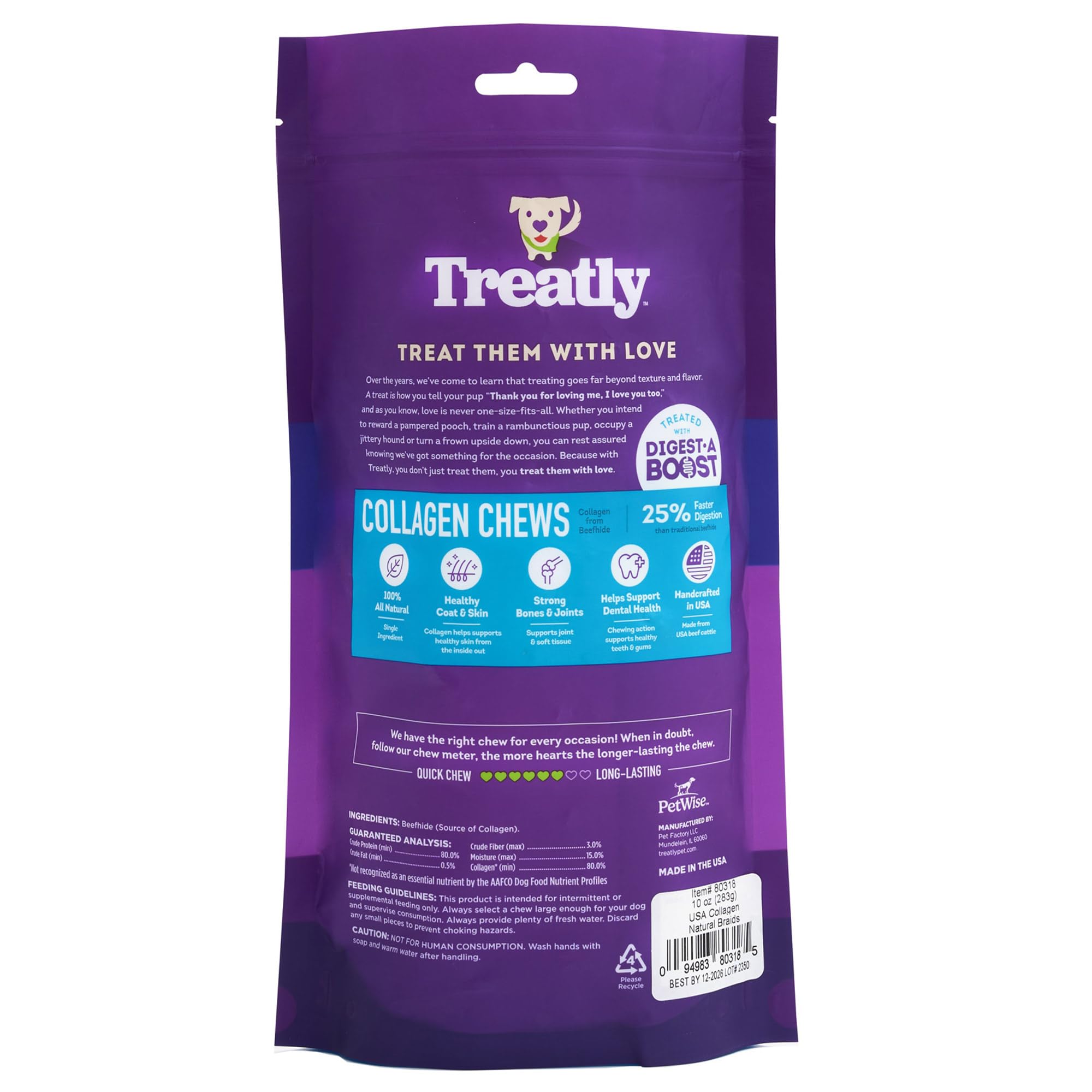 Treatly Collagen Braids Dog Chew Treats - Natural Flavor, 10oz Pack