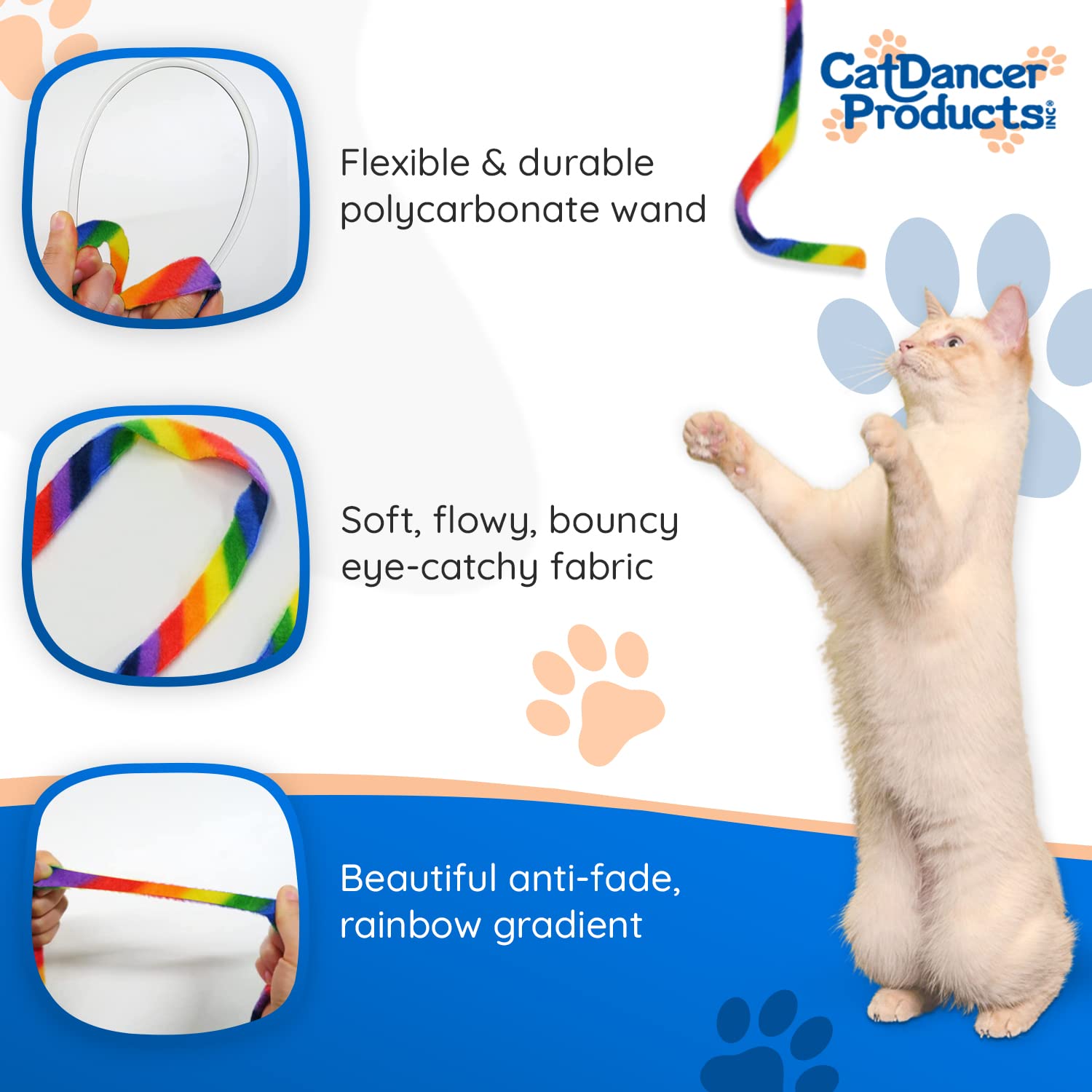 Cat Dancer Products Rainbow Cat Wand Charmer, Safe Teaser Wand For Indoor Cats & Kittens, Flexible Exercise Toy Made Of Multicolor Fabric Ribbon, For Medium Breeds