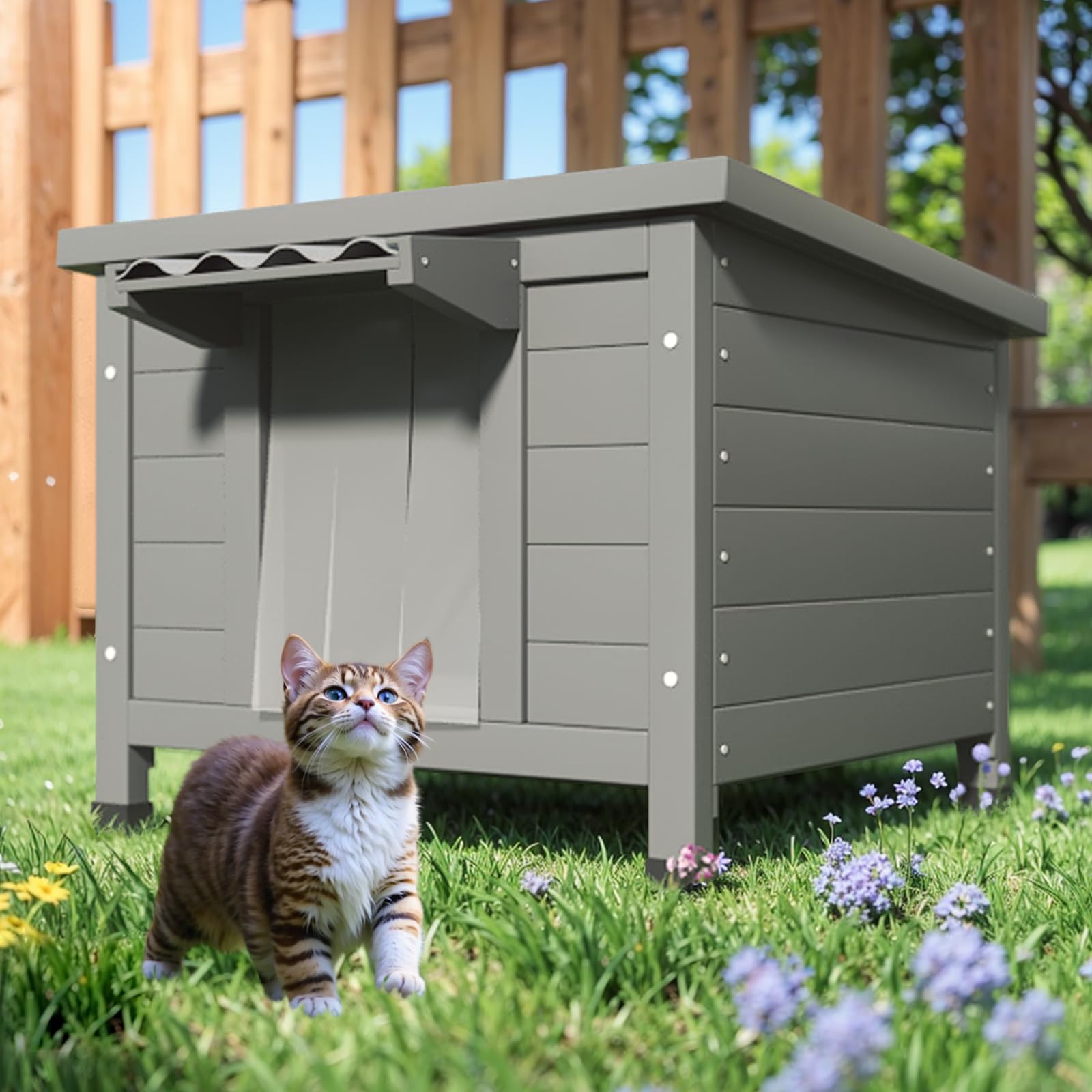 Timhaka Outdoor Cat House Feral Cat Shelter Waterproof All-Round Foam Insulated, Large Outside Feral Cat Enclosure Wooden Cat Co