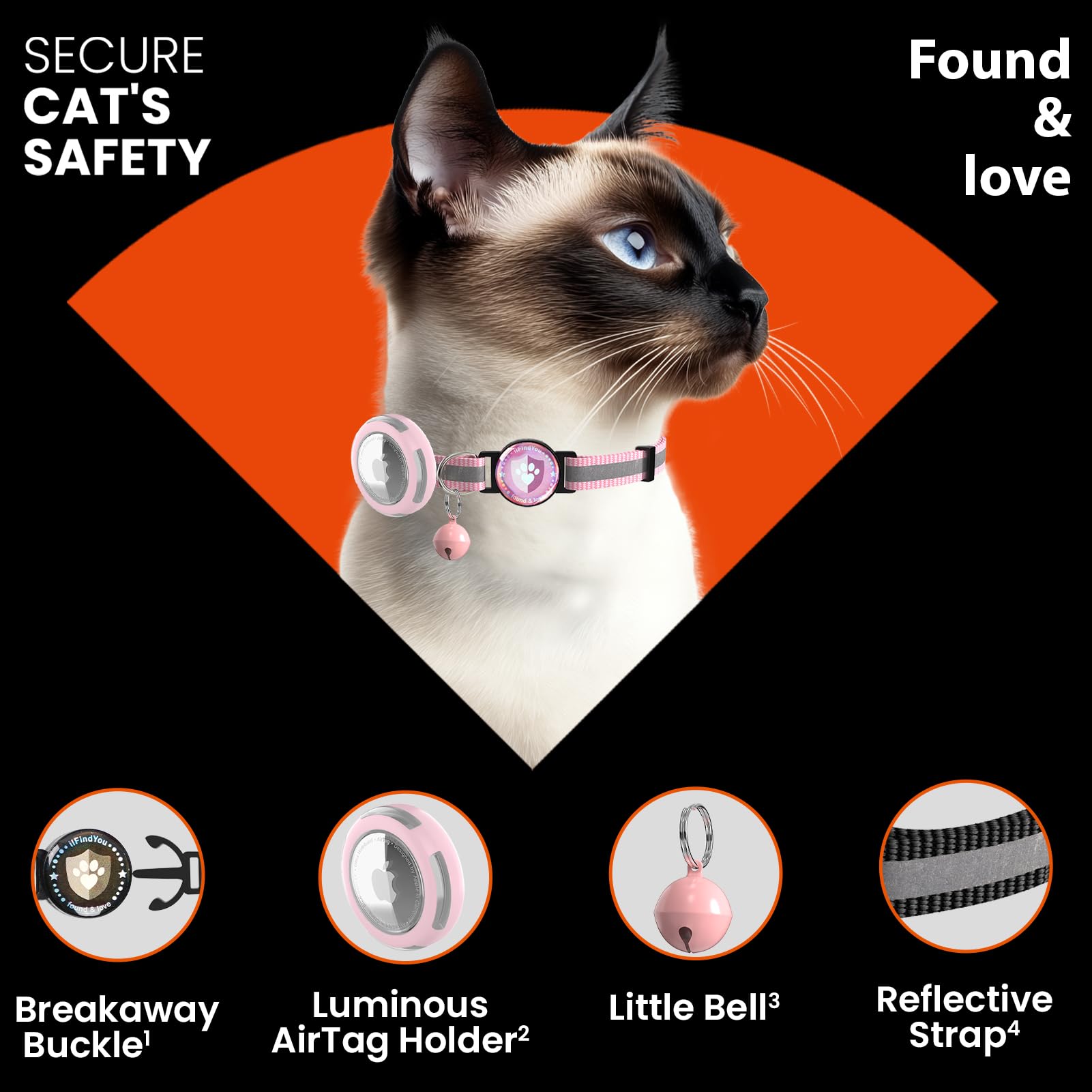 Ilfindyou Airtag Cat Collar Breakaway, Reflective Cat Collars With Apple Airtag Holder, Adjustable Kitten Collar With Bells Pink