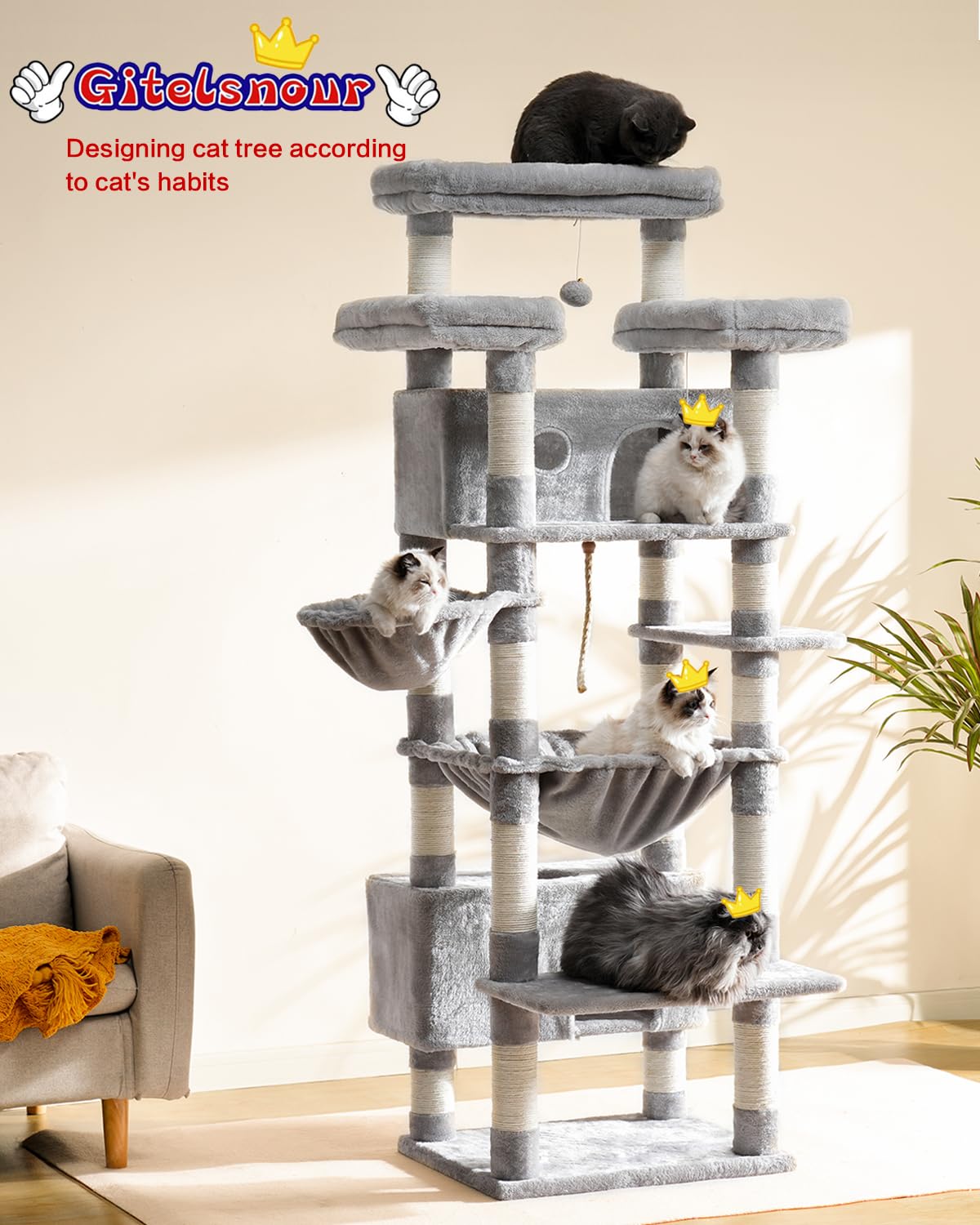 Gitelsnour Cat Tree for Indoor Cats Large Adult, 74 Cat Tower with 3 Big Platforms, 2 Baskets, 2 Condos, Multi-Level Cat Scratch