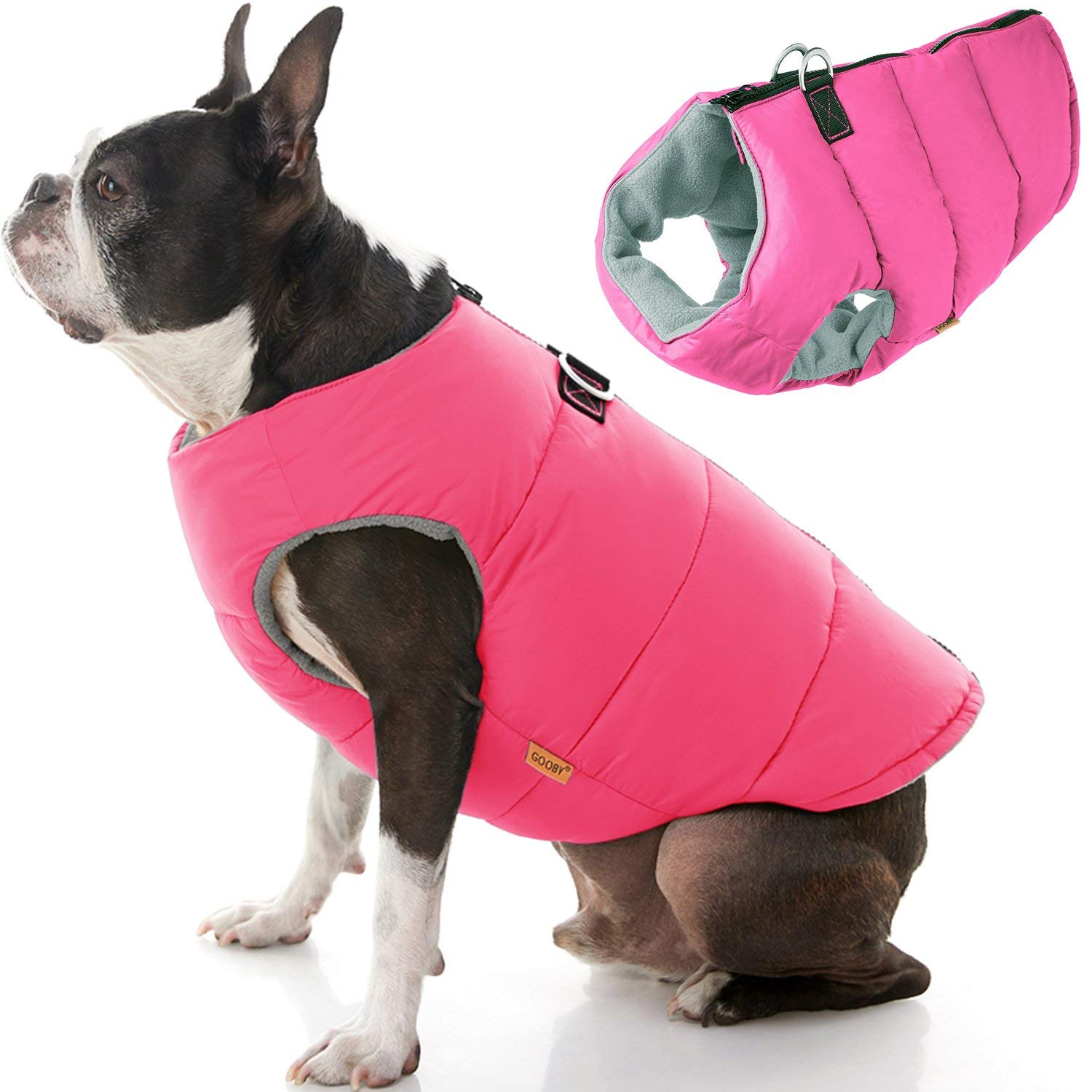 Gooby Padded Vest Dog Jacket - Solid Pink, Medium - Warm Zip Up Vest Fleece Jacket With Dual D Ring Leash - Water Resistant Swea