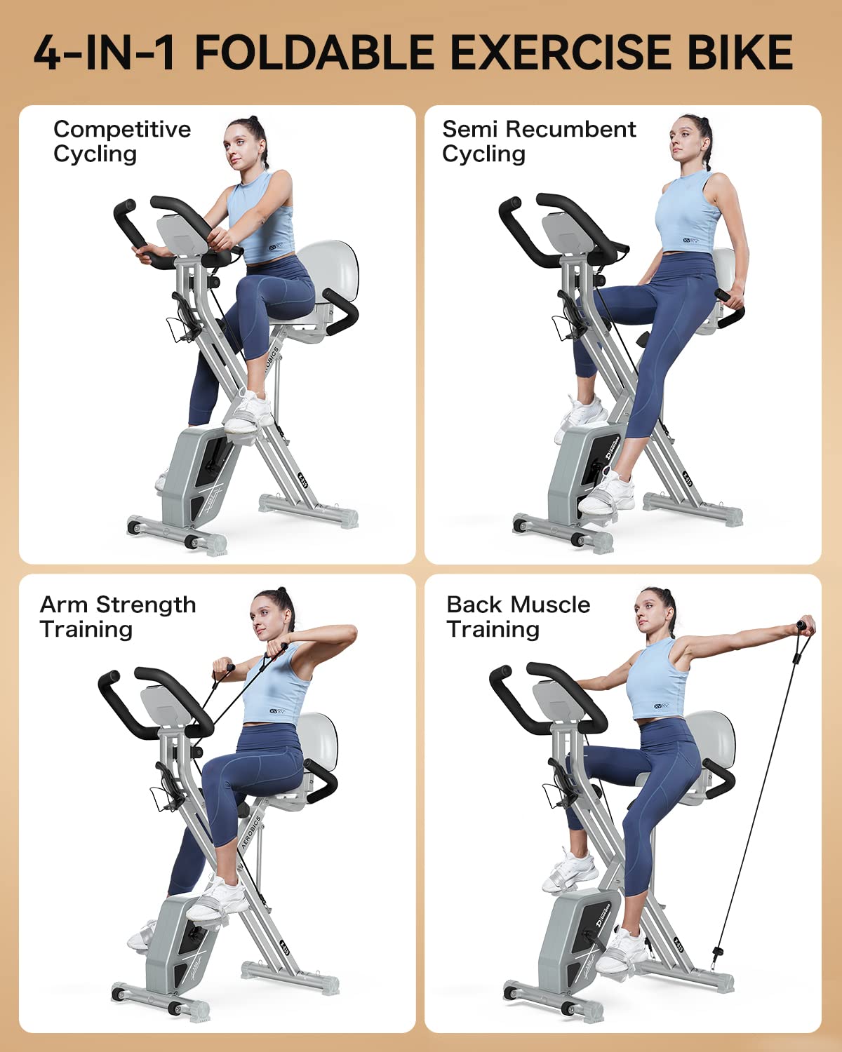 Pooboo Folding Exercise Bike, Foldable Fitness Stationary Bike Machine, Upright Indoor Cycling Bike, 4-In-1 Magnetic X-Bike With