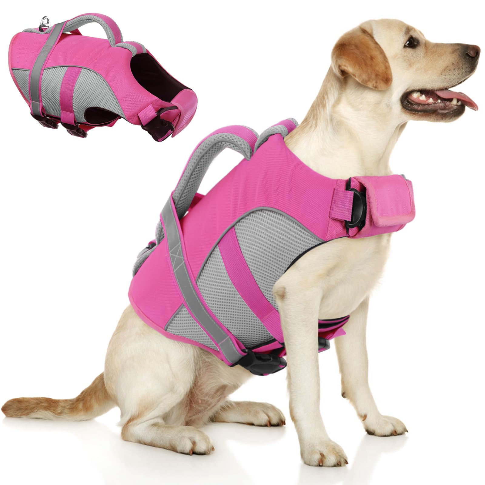 Queenmore Dog Life Vest For Swimming, Adjustable High Visibility Dog Life Jacket With Superior Buoyancy And Rescue Handle, Pink,