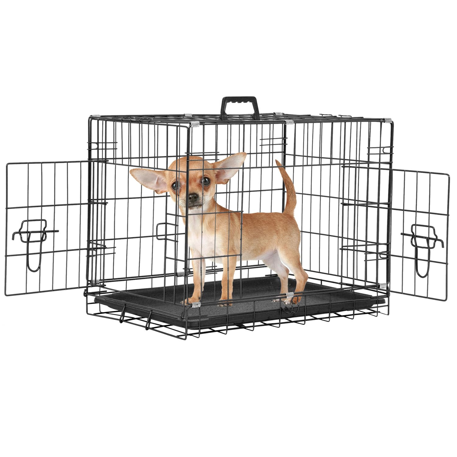 Wire Dog Crate 24 Inch Dog Kennel Cage, Double Door Folding Dog Cage, Wire Dog Kennel With Removable Tray, Indoor&Outdoor,Black