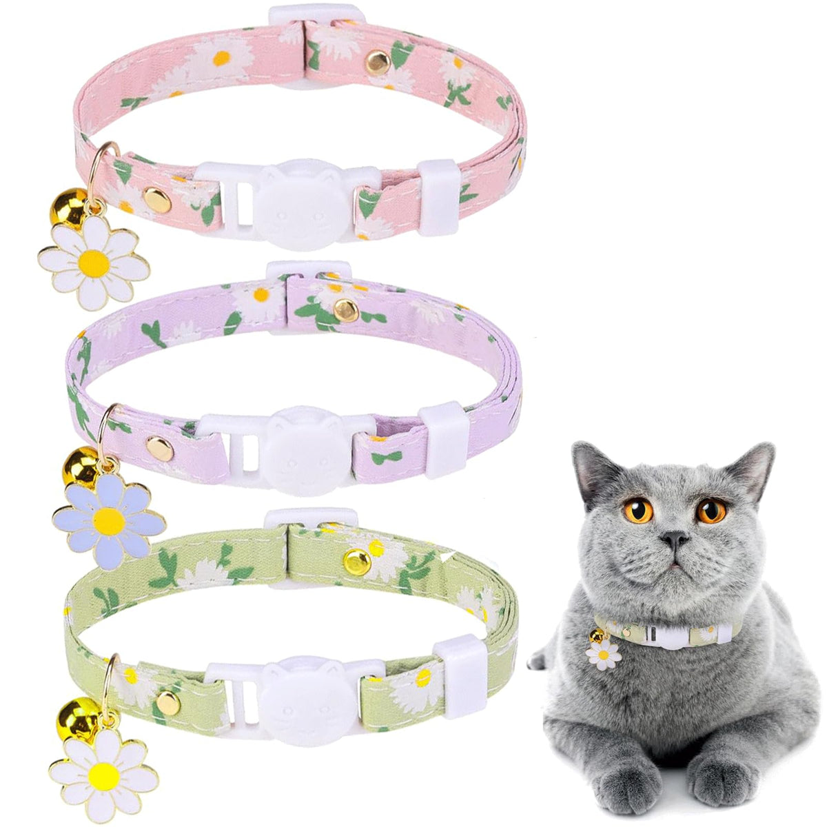 Dillybud 3 Pack Breakaway Cat Collars With Bell- Daisy Pendant Spring Cat Collar For Girl Boy Cats With Safety Buckle- Cute Kitt