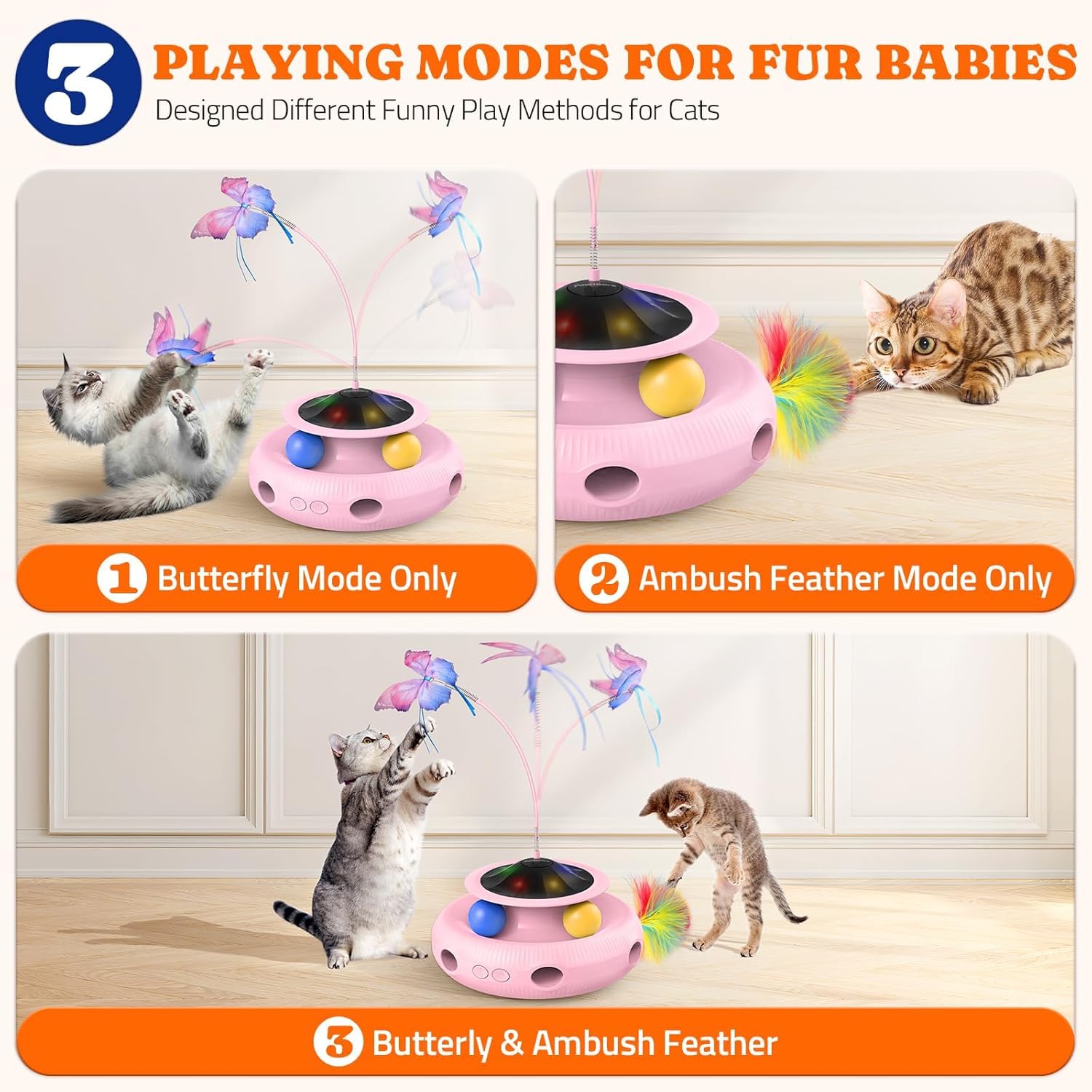 Interactive Cat Toy: 3 In 1 Automatic Cat Toy For Indoor Cats, Electric Kitten Toy With Rechargeable Battery, Self Play Kitty To
