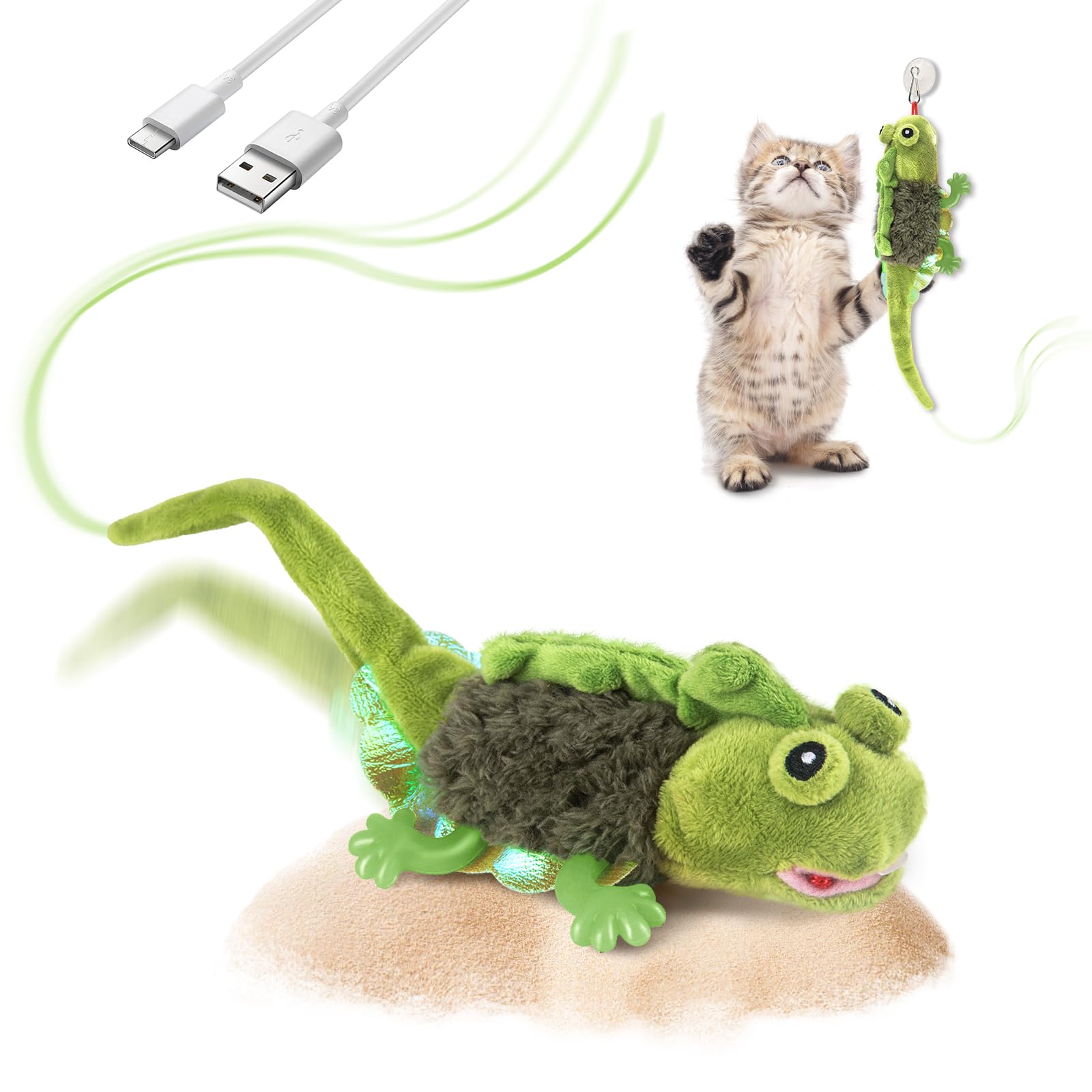 Migipaws Cat Toys, Touch Activated Flapping Chirping Lizard Kitten Toy with Catnip for Indoor Cats Kicker, Rechargeable (Green)
