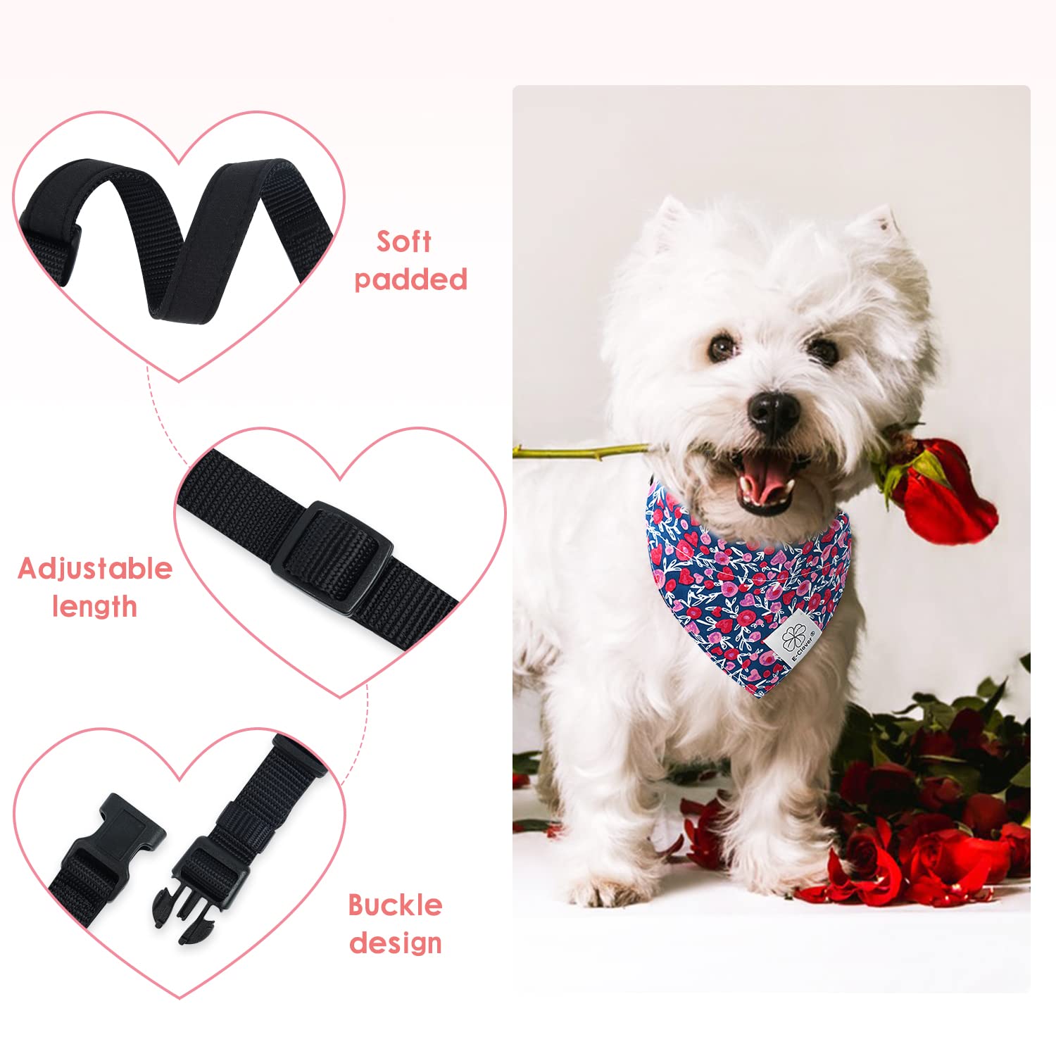 E-Clover Dog Collar Bandana Girl & Matching Scrunchie Set Heart Dog Collars Pet Accessories Adjustable For Small Dogs Puppy Owne