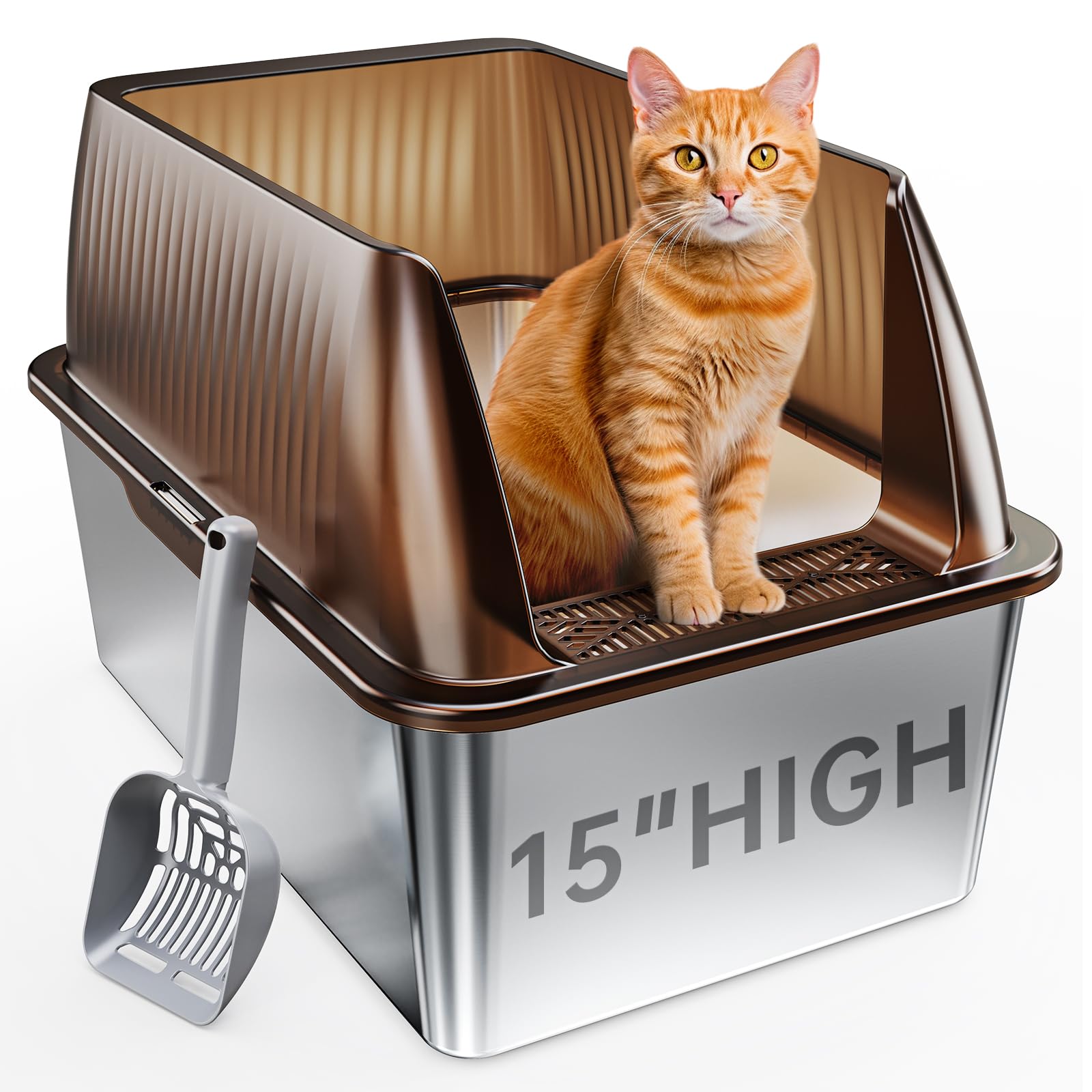 Tripamin 15    Xl Stainless Steel Cat Litter Box Enclosure, Xxl Stainless Steel High Sides With Lid, Extra Large Metal Cat Litte