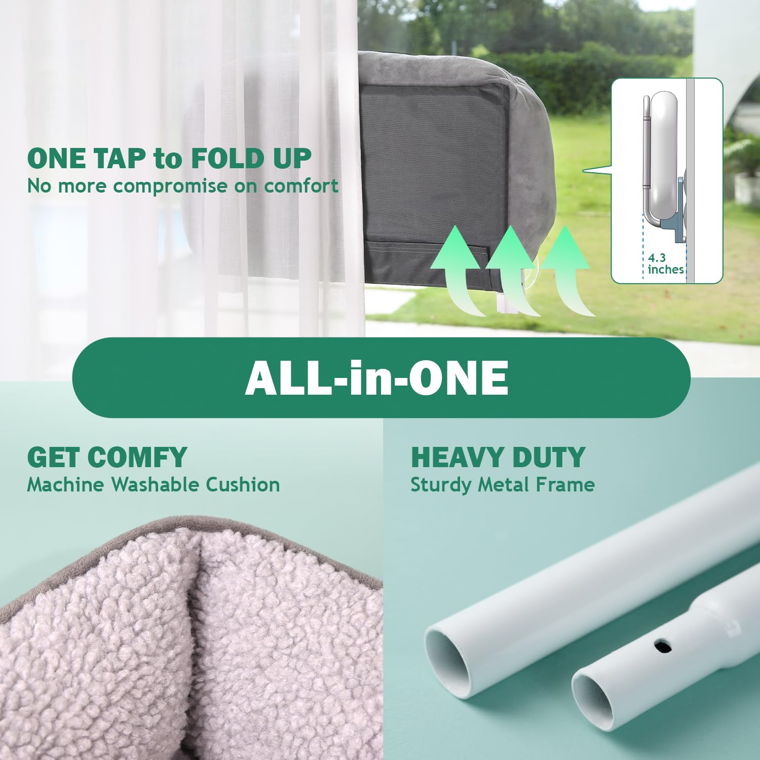 Zakkart Foldable Cat Hammock For Window With Bolster - Cordless, Fold-Up, Three-Side Bolstered Machine Washable Fluffy Bed, Robu