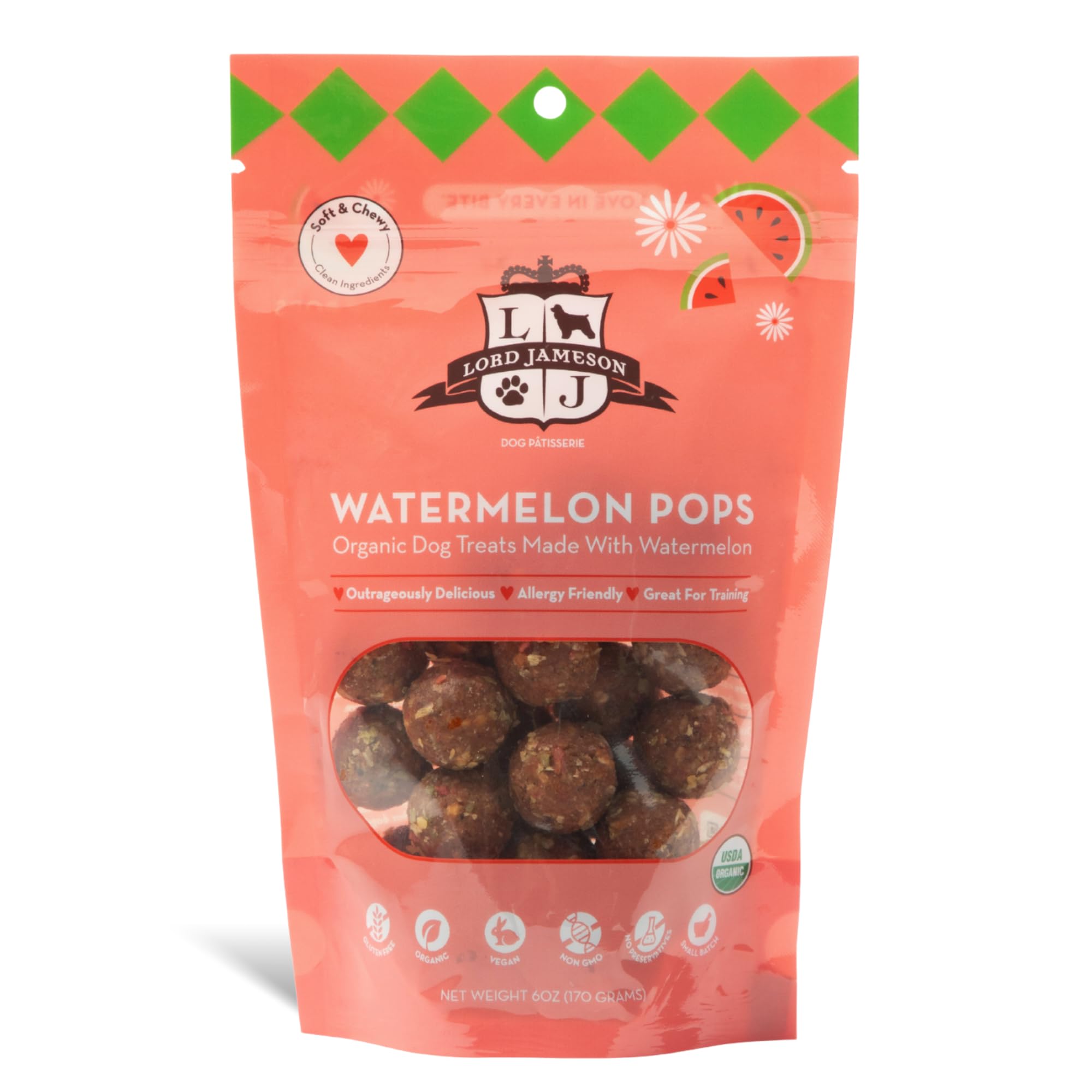Lord Jameson Watermelon Pops 6 oz: Organic Soft & Chewy Dog Treats | Natural Puppy & Senior Treats | Easy Chew Hypoallergenic Do