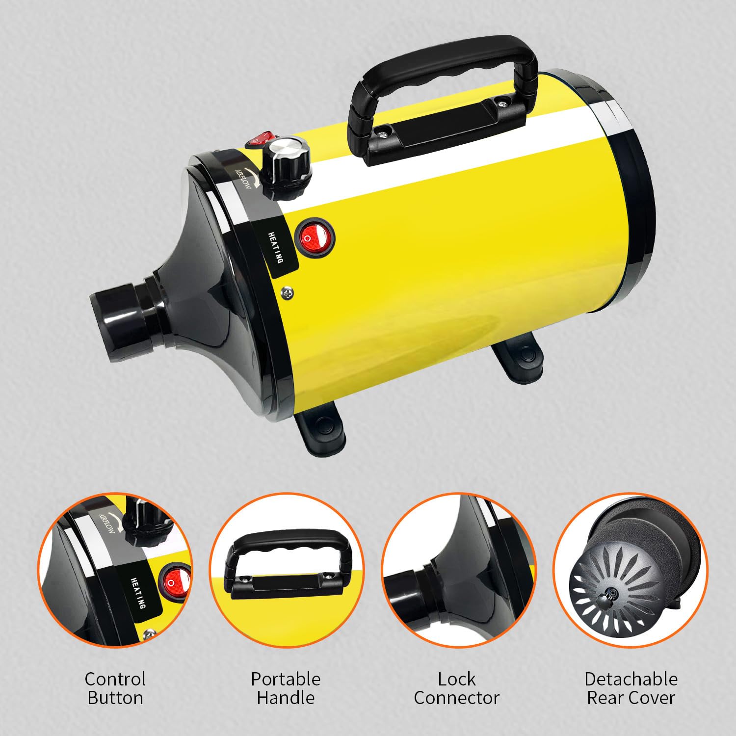 Dog Dryer, Dog Hair Dryer Blower Dog Blow Dryer And Temperature Control Pet Blower Dryer With 4 Different Nozzles. (Yellow)