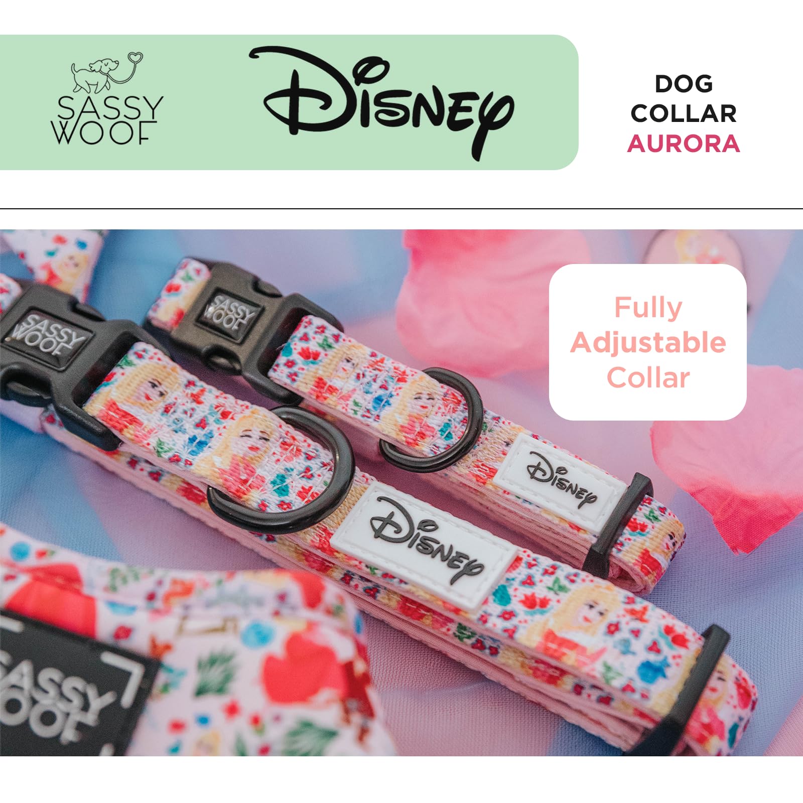 Sassy Woof Dog Collar Disney Princess Sleeping Beauty Aurora - M, Adjustable, Durable, Comfortable And Stylish Pet Accessories F