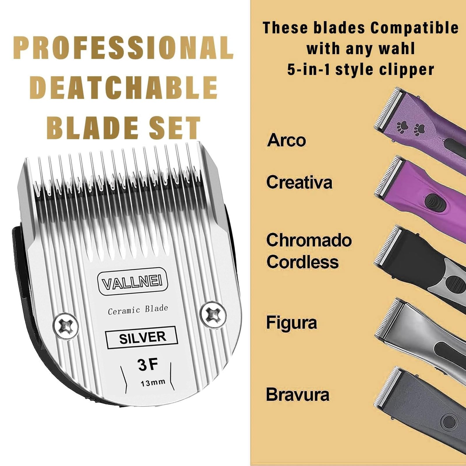 3 Pack Detachable Adjustable Pet Dog Grooming Clipper 5-in-1 Blade Compatible with WAHL Professional Animal Blade Arco, Bravura,
