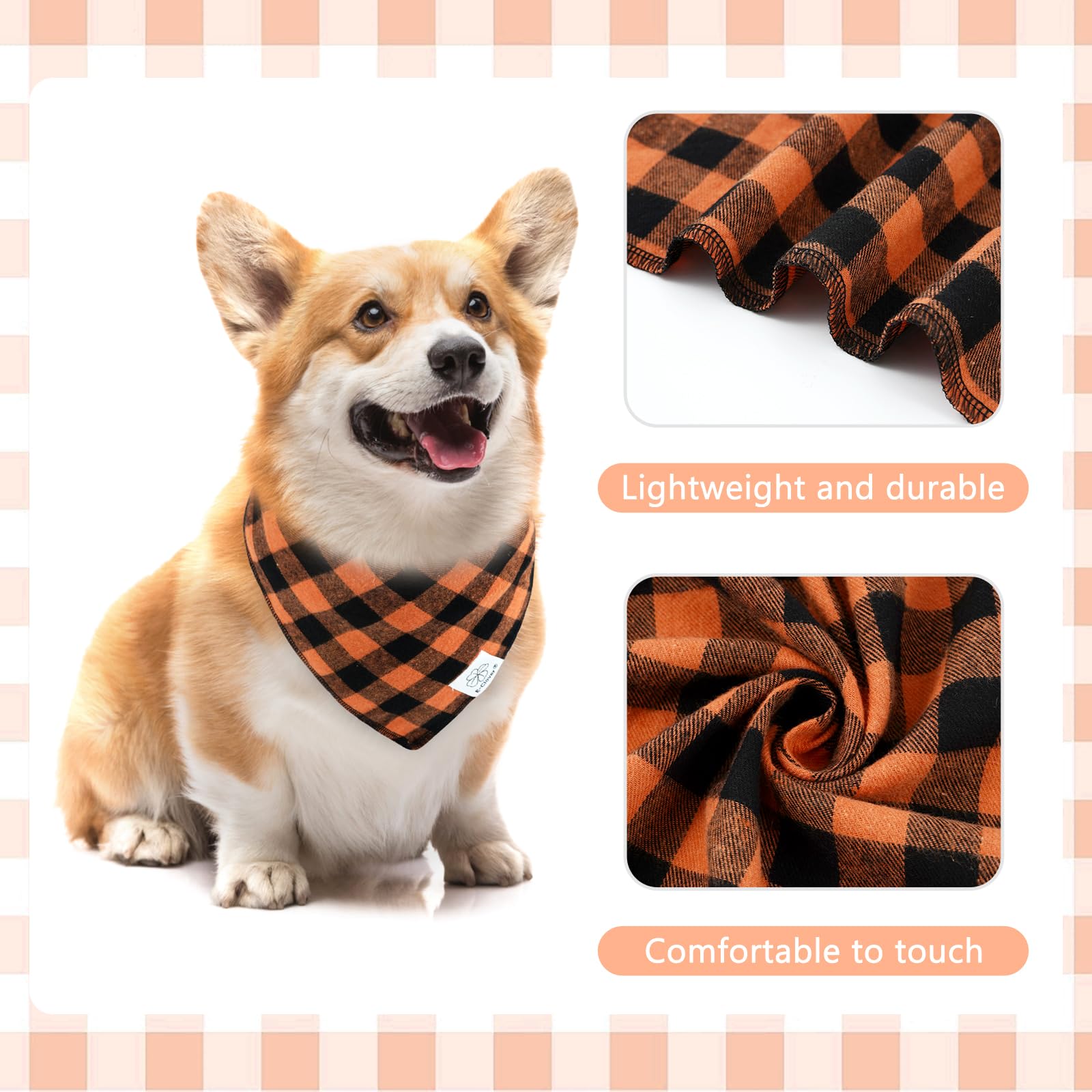 E-Clover Dog Bandana & Matching Scrunchie-Orange Black Dog Bandanas Plaid Pet Scarf Bib For Medium Large Dogs Girl Boy Owner Gif