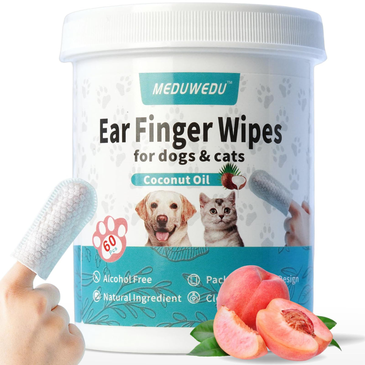 Meduwedu Ear Cleaner Finger Wipes 60 Counts, Dog Ear Cleaner, Grooming Kit Care For Dogs And Cats, Soft & Easy Otic Cleaning Pads, Remove Wax, Dirt & Stop Smelly, Itchy, Non-Irritating, Peach Scent