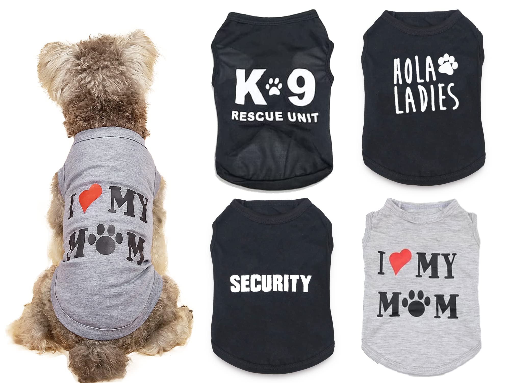 4 Pieces Pet Dog T Shirt I Love My Mom K9 Unit Hola Ladies Security Print Puppy Shirts Extra Small Dogs Clothes For Boys Xs Summer Dog Tshirt Boy Chihuahua Tshirts Cat Clothing Yorkie Vest Apparel, Xs