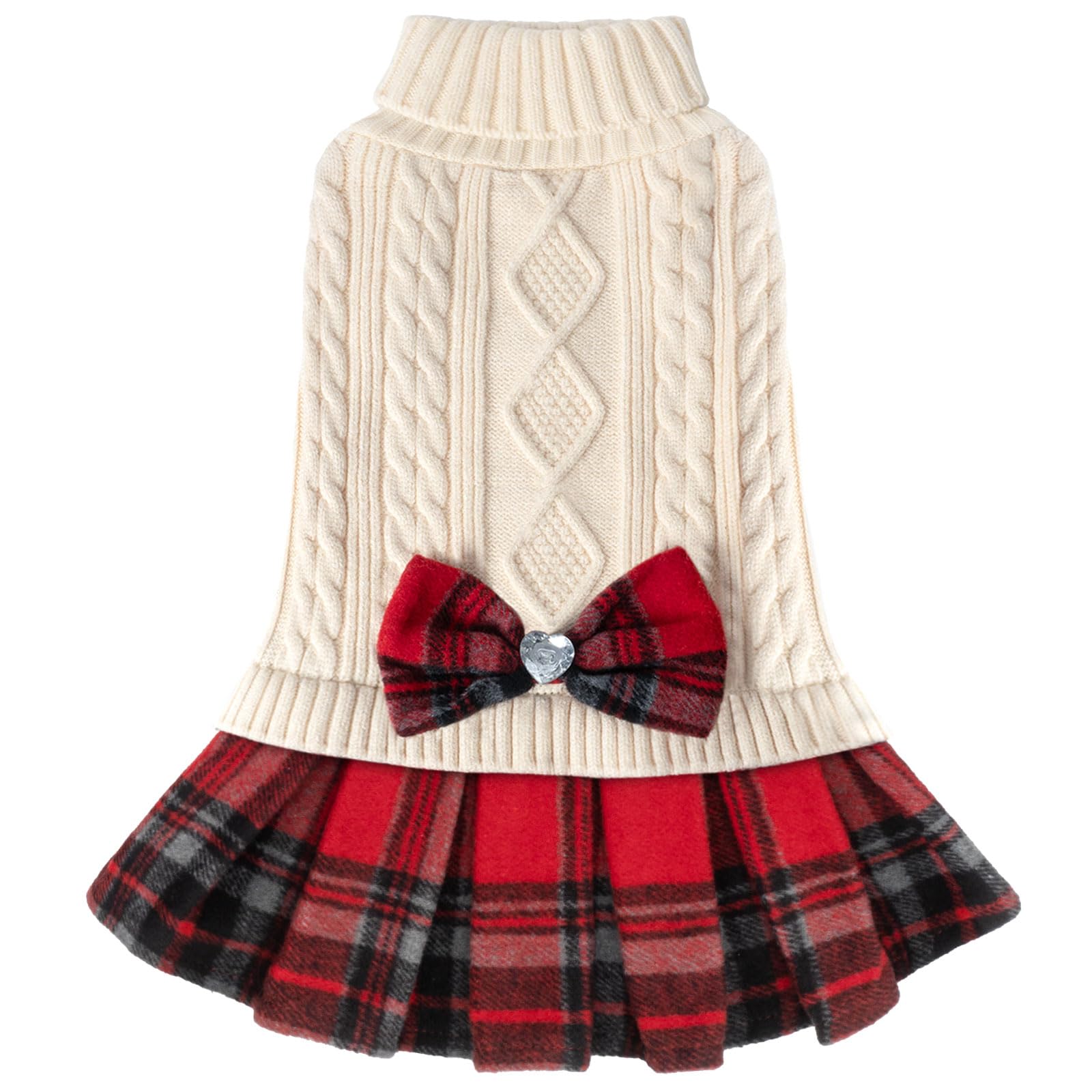 Kyeese Dog Sweater Dress Beige For Small Medium Dogs With Bowtie Buffalo Check Turtleneck Dog Sweaters Warm Pet Sweater