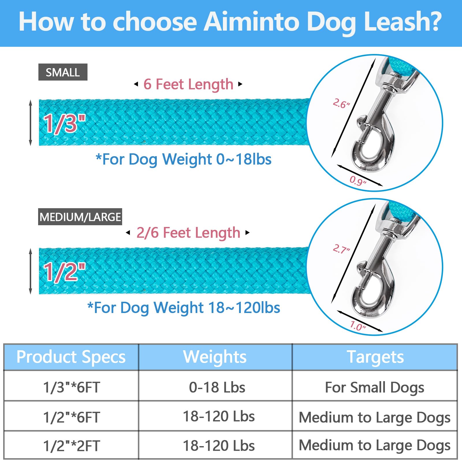 Aiminto Dog Leash, Braided Rope Traction - Walking Training Lead for Small Dogs ((1/3 '') x 6FT, Light Blue)