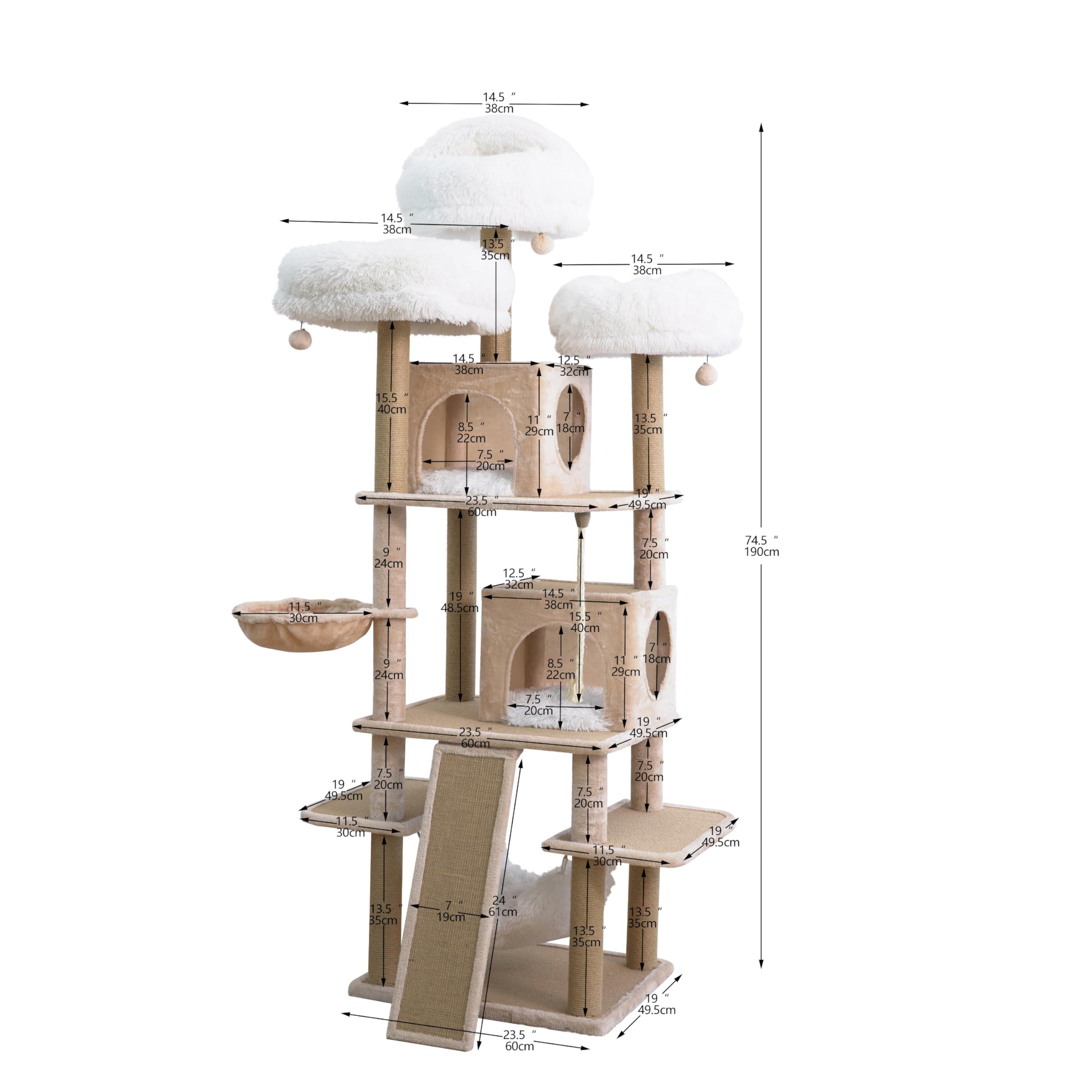 Catry 74.5'' High 7-Level Extra Large Cat Tree With 2 Condos,2 Hammock,3 Removeable Top Beds, Scratching Ramp Pad, Recycled Pape