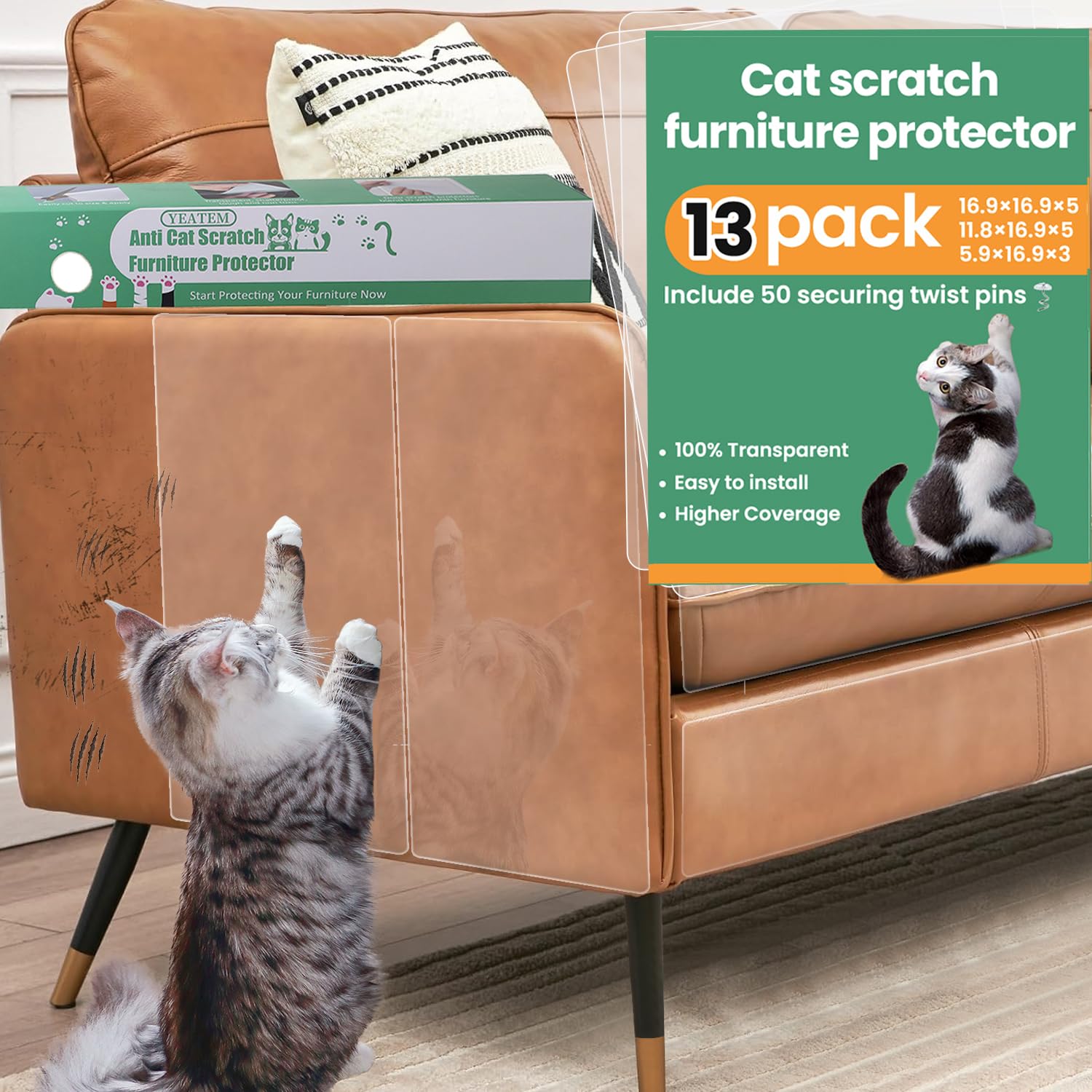 Yeatem Thicken Anti Cat Scratch Furniture Protector,13Pack Single-Sided Sticky Couch Cat Scratch Protector,Couch Corner Protecto
