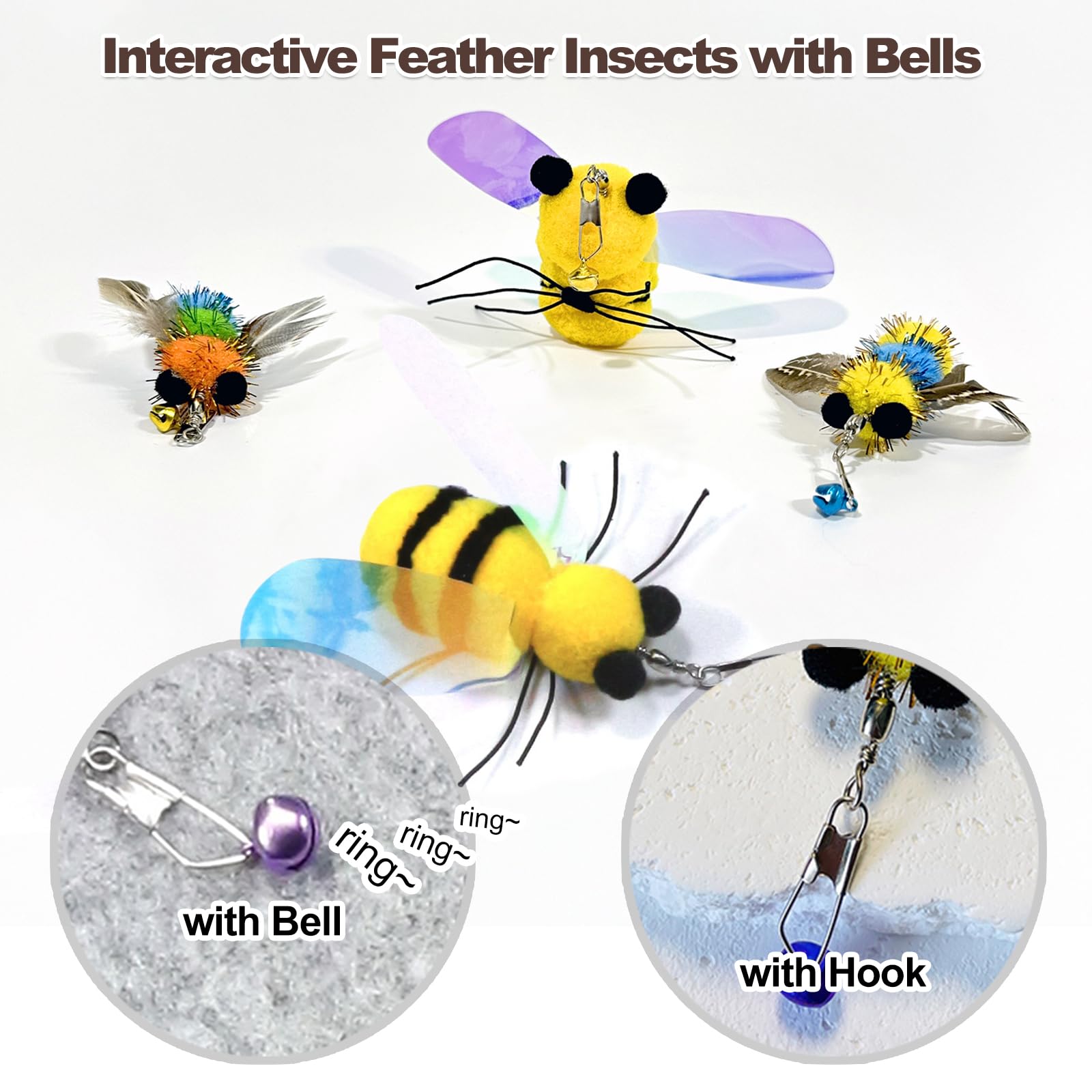 Kingtree Cat Teaser Wand Toys, 8 Pack Feather Wand Cat Toy Set With 6Pcs Insects Feather Refills & 2Pcs Flexible Steel Wire Teas