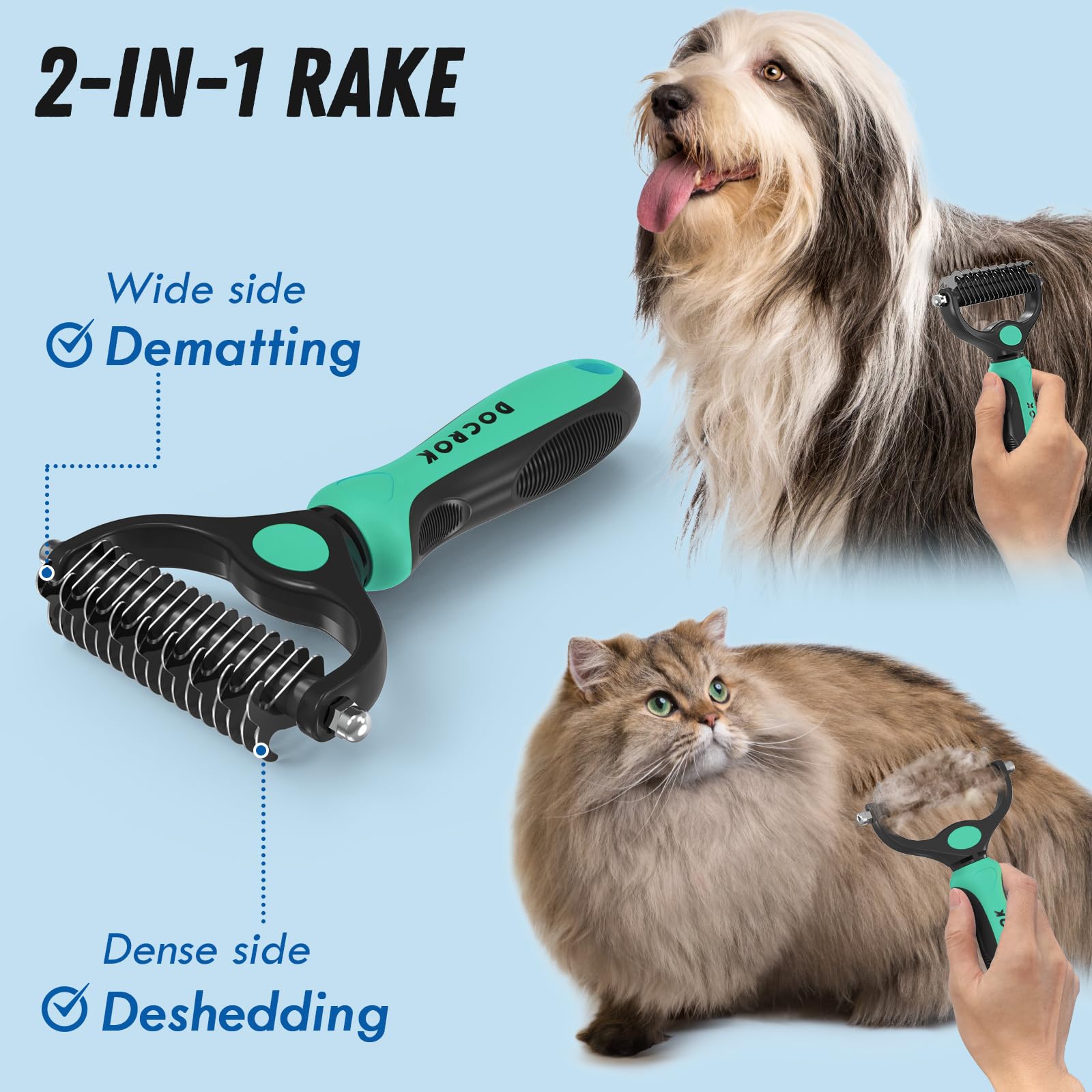 Docrok Pet Grooming Brush And Metal Comb Combo, Cat Brush Dog Brush For Shedding, Undercoat Rake For Dogs Grooming, Dematting Deshedding Brush Dogs Shedding Tool For Long Matted Haired Pets, Green