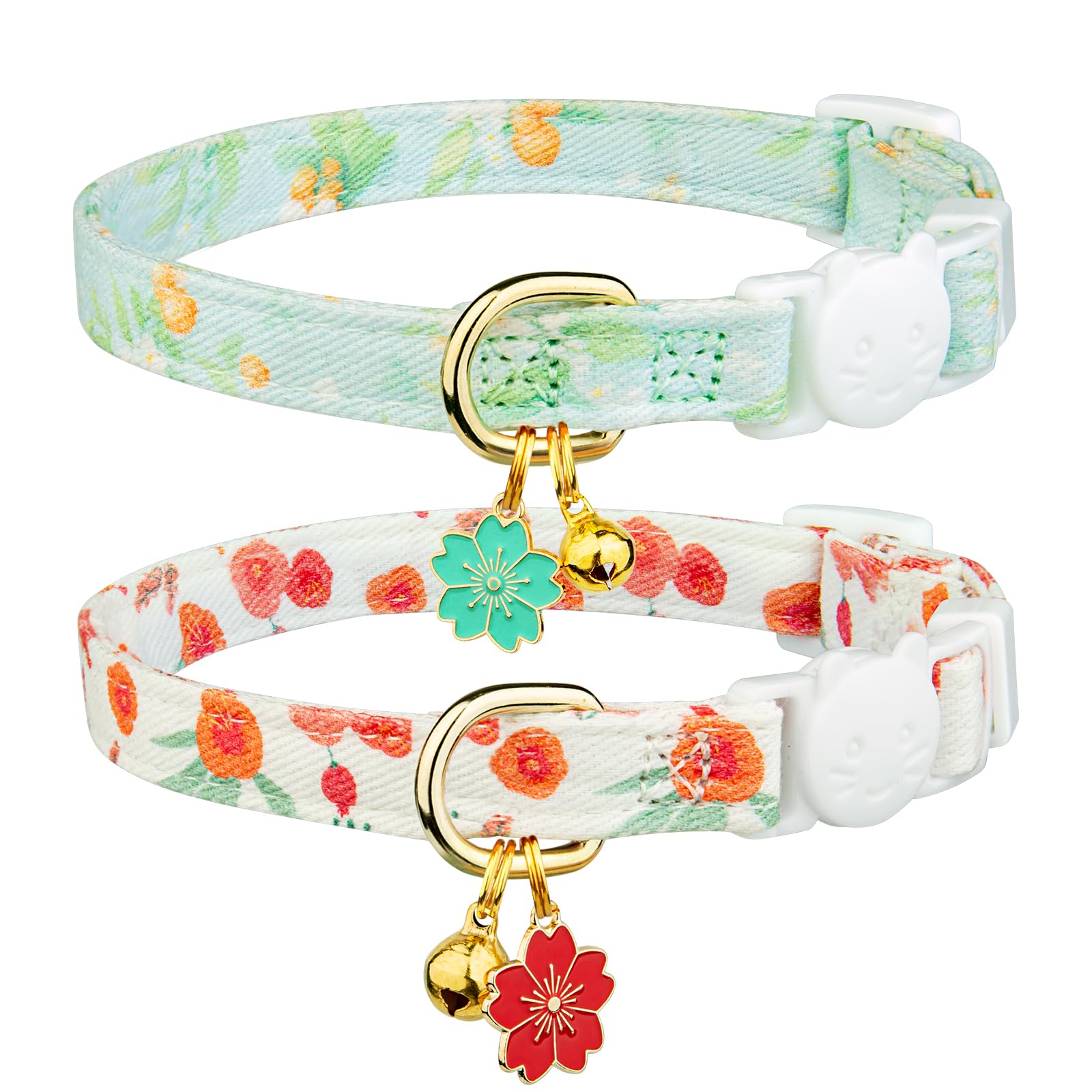 2 Pack Cotton Breakaway Cat Collar Green And Red Flowers Pendant Cute Kitten Cat Collar With Bell