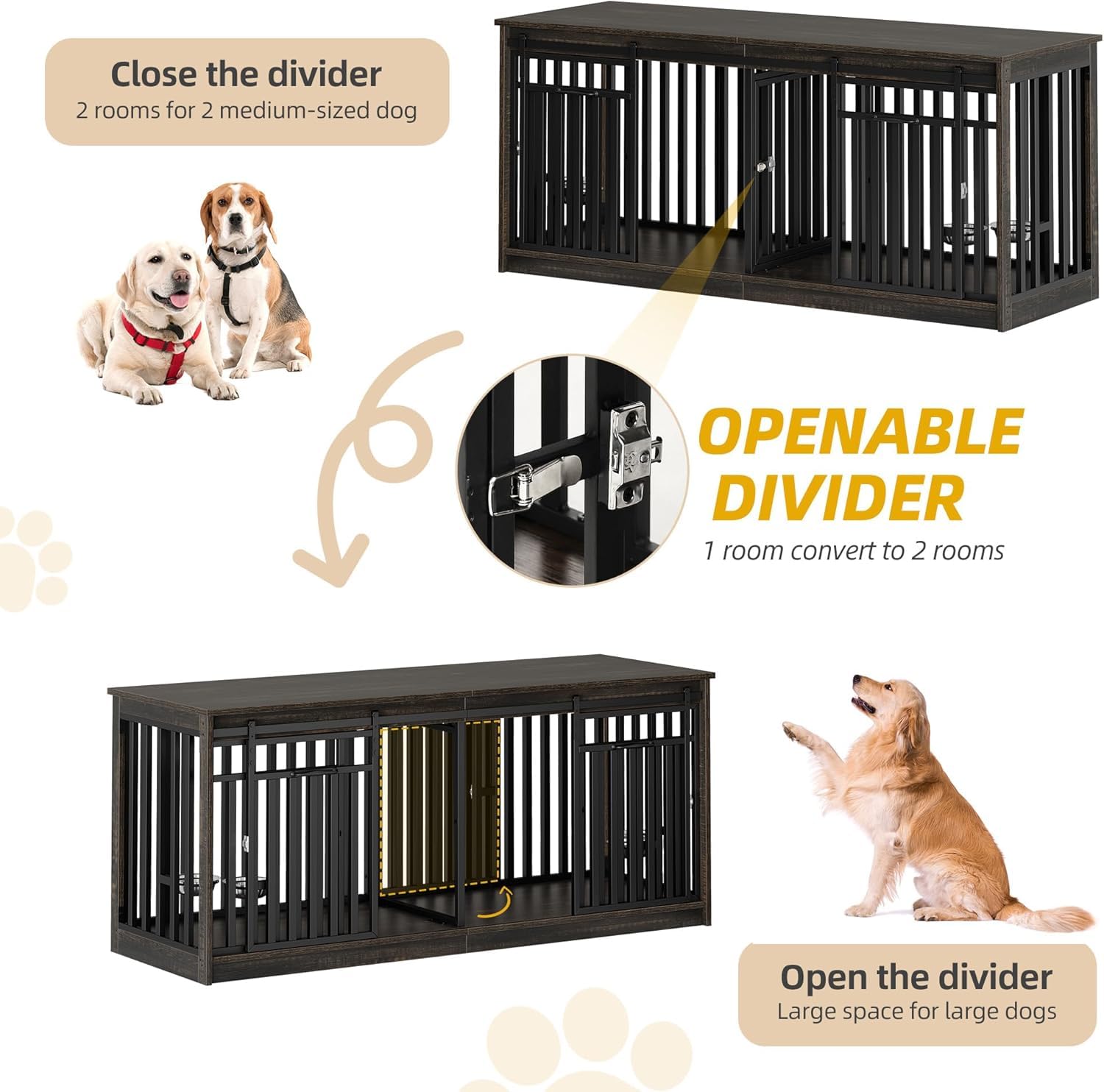 YITAHOME 71 Inch Double Dog Crate Furniture for 2 Dogs, Heavy Duty Wooden Crate TV Stand with 4 Bowls, Dog Kennel Indoor Furnitu