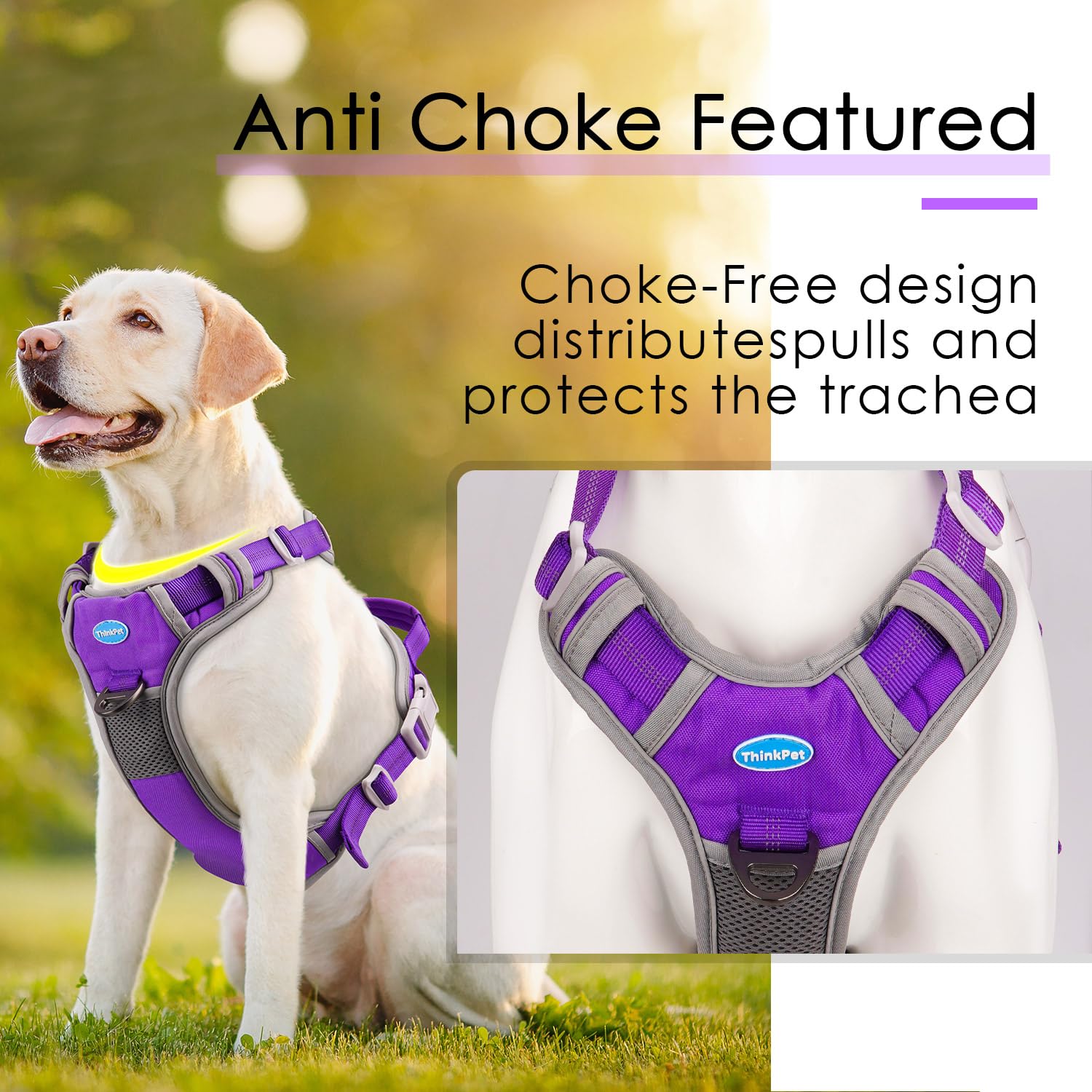 Thinkpet No Pull Harness Breathable Sport Harness With Handle-Dog Harnesses Reflective Adjustable For Medium Large Dogs,Back/Front Clip For Easy Control M Neon Purple