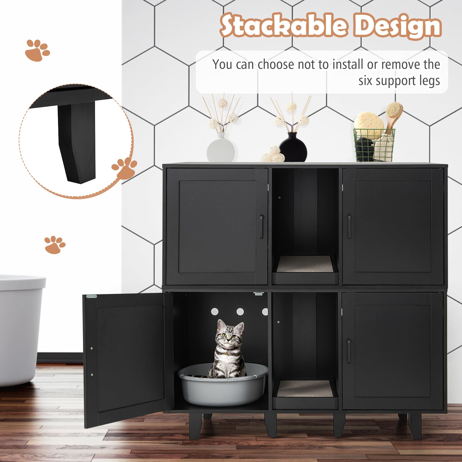 Petsite Litter Box Enclosure For 2 Litter Boxes, Hidden Cat Washroom Tv Stand End Table With 2 Cabinet, Scratching Board, Indoor