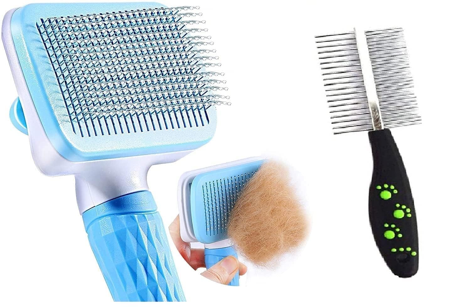 Kspups Combo Of Slicker Pet Grooming Brush With Flea Comb For Dogs & Cats, Combo Of 2 Grooming Self Cleaning Slicker & Double Si