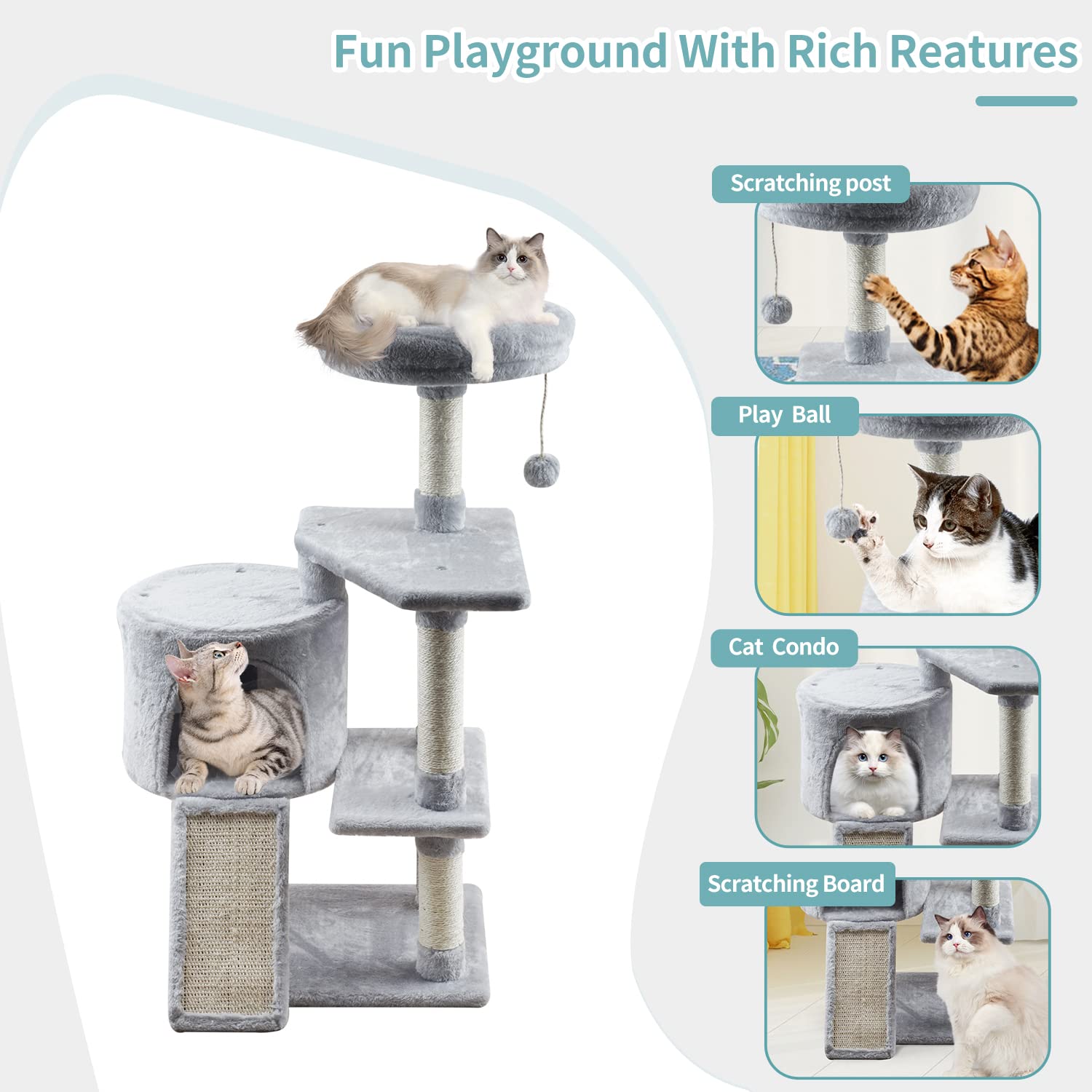 Miao Paw Grey Cat Tree Tower For Indoor Cats Cat Condo With Scratching Post Cat Tree For Large Medium Small Cat With Dangling Ba