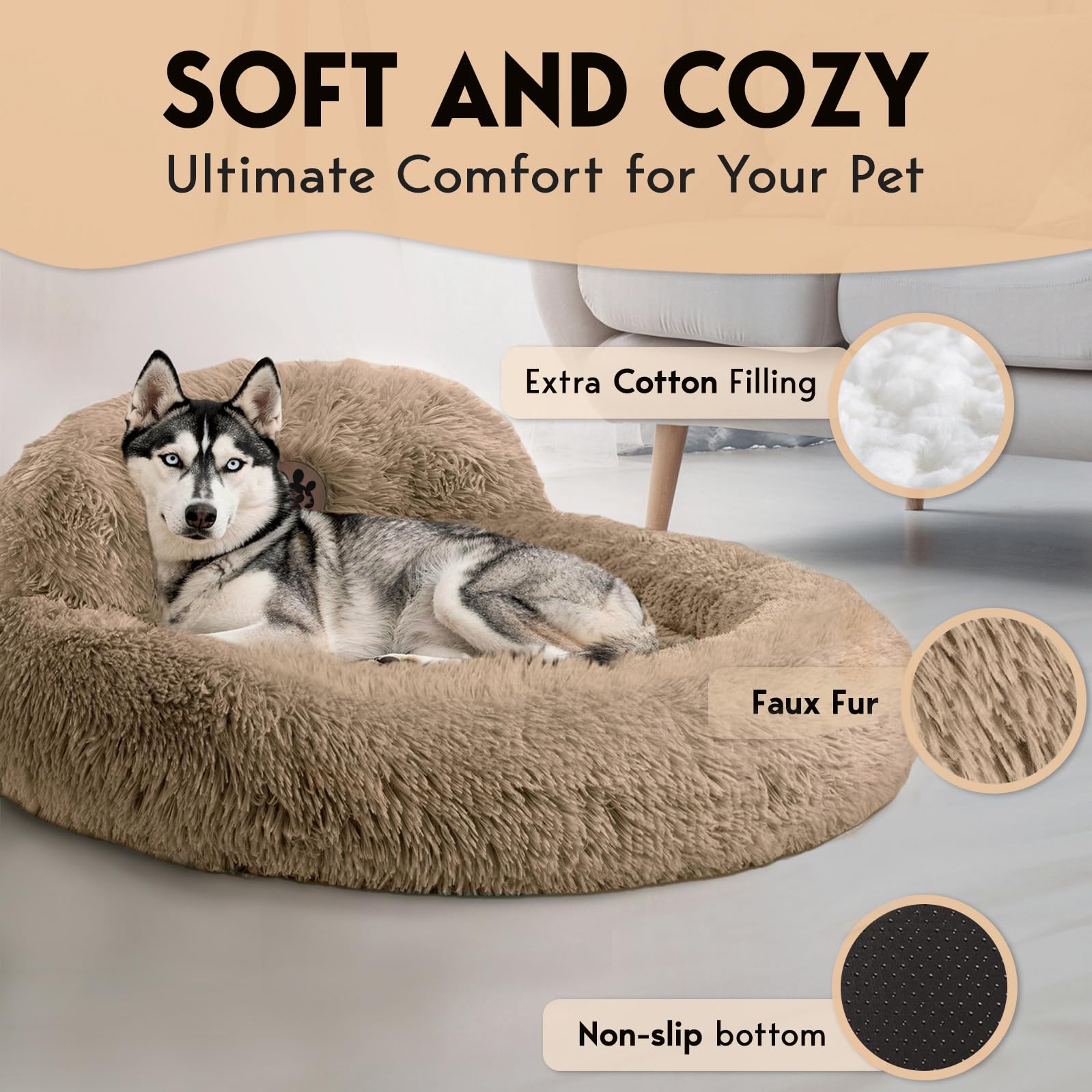 PetJett Calming Large Dog Bed - 36 Donut Dog Beds, Anti-Slip & Washable Large Round Bed, Fluffy Faux Fur Pet Bed, Super Soft A