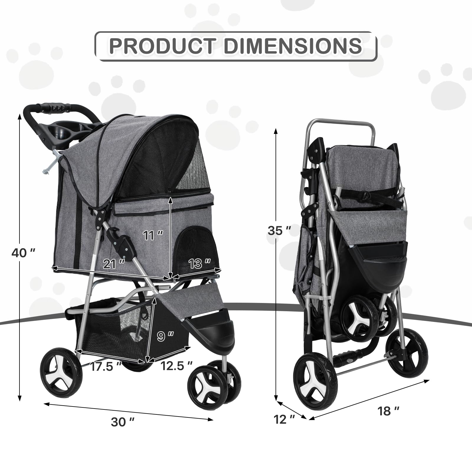 Monibloom 3 Wheels Pet Dog Cat Stroller For Small Medium Dogs And Cats, Lightweight Foldable Jogger Stroller W/Storage Basket And Cup Holder, Gray