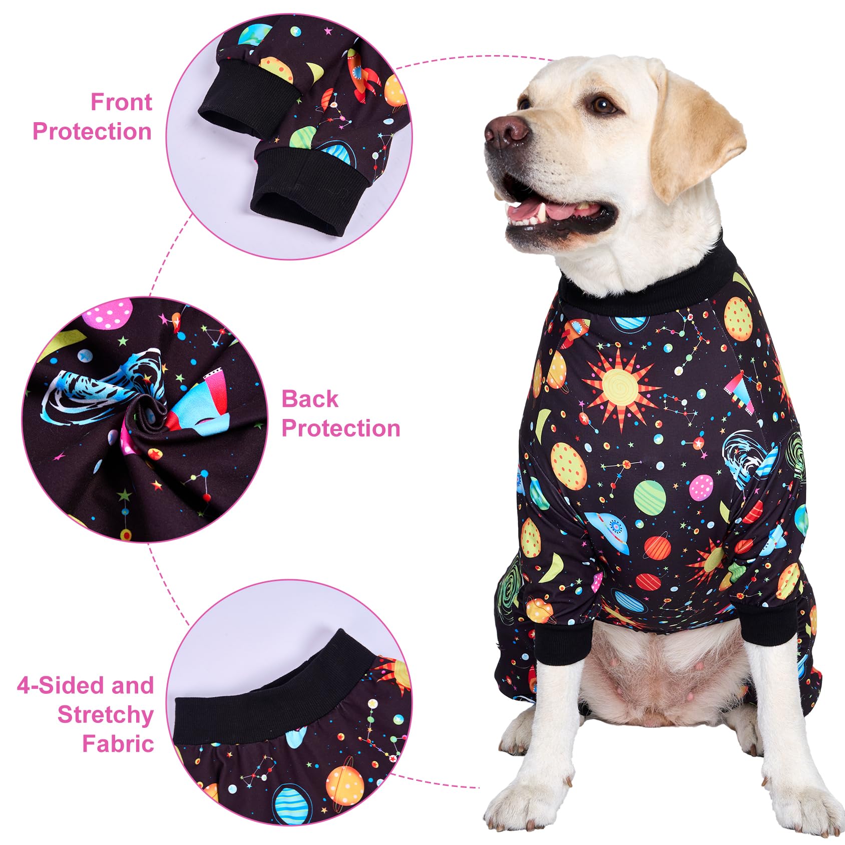 Lovinpet Big Dogs Onesies: Big Dog Pajamas, Post Surgery/Wound Care, Lightweight Stretchy Fabric, Interstellar Black Print, Dog