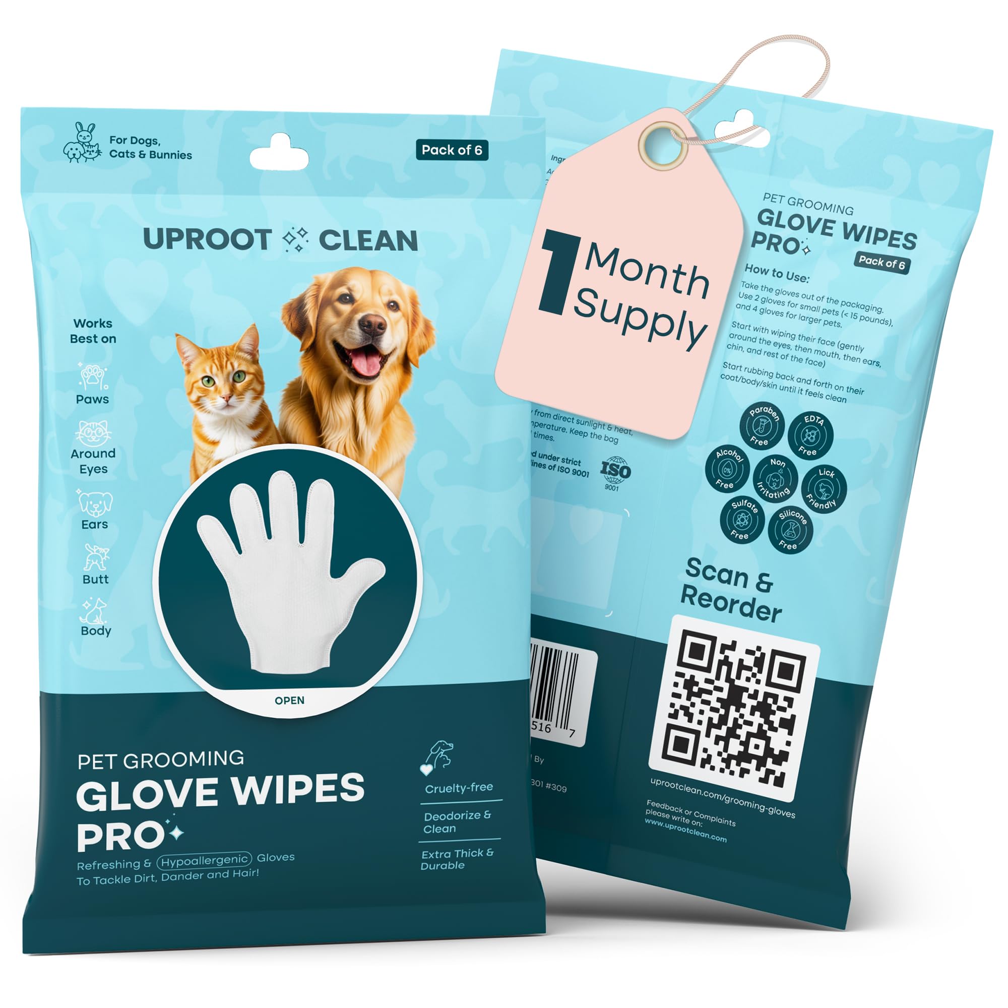 Uproot Clean Dog Cleaning Gloves: 1 Month Supply - Extra-Thick Pet Glove Wipes For Dogs & Cats - Easy Wipe Paws, Eyes, Ears, But