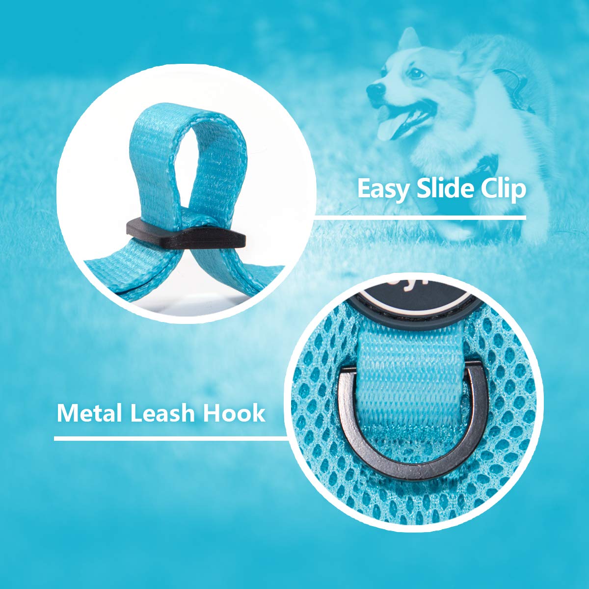 PoyPet Reflective Soft Breathable Mesh Dog Harness No Choke Double Padded Vest Adjustable(Light Blue,XL)