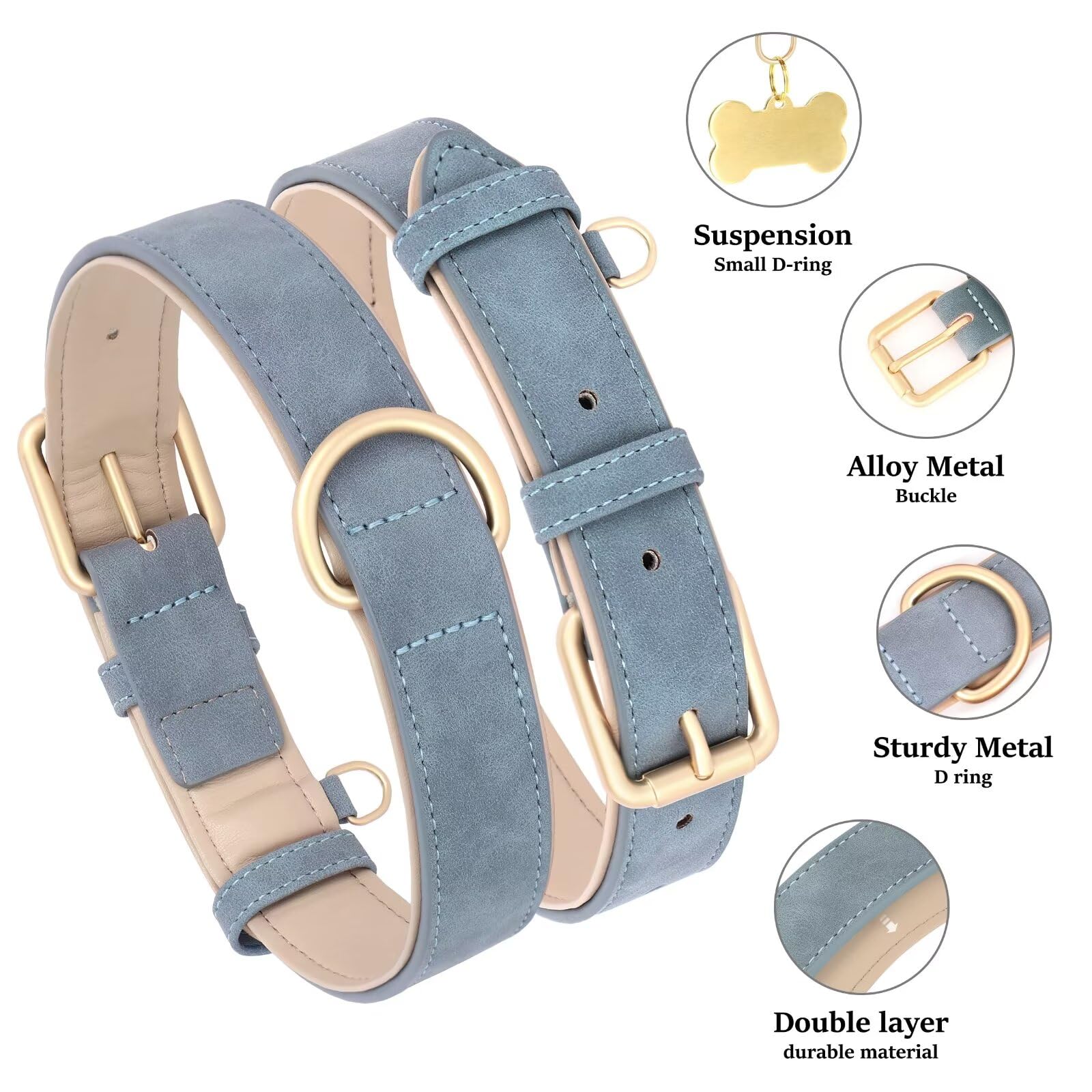 Didog Soft Padded Leather Dog Collar, Adjustable Dog Collars For Medium Dogs With Heavy Duty Metal Buckle And D Ring,Blue,L