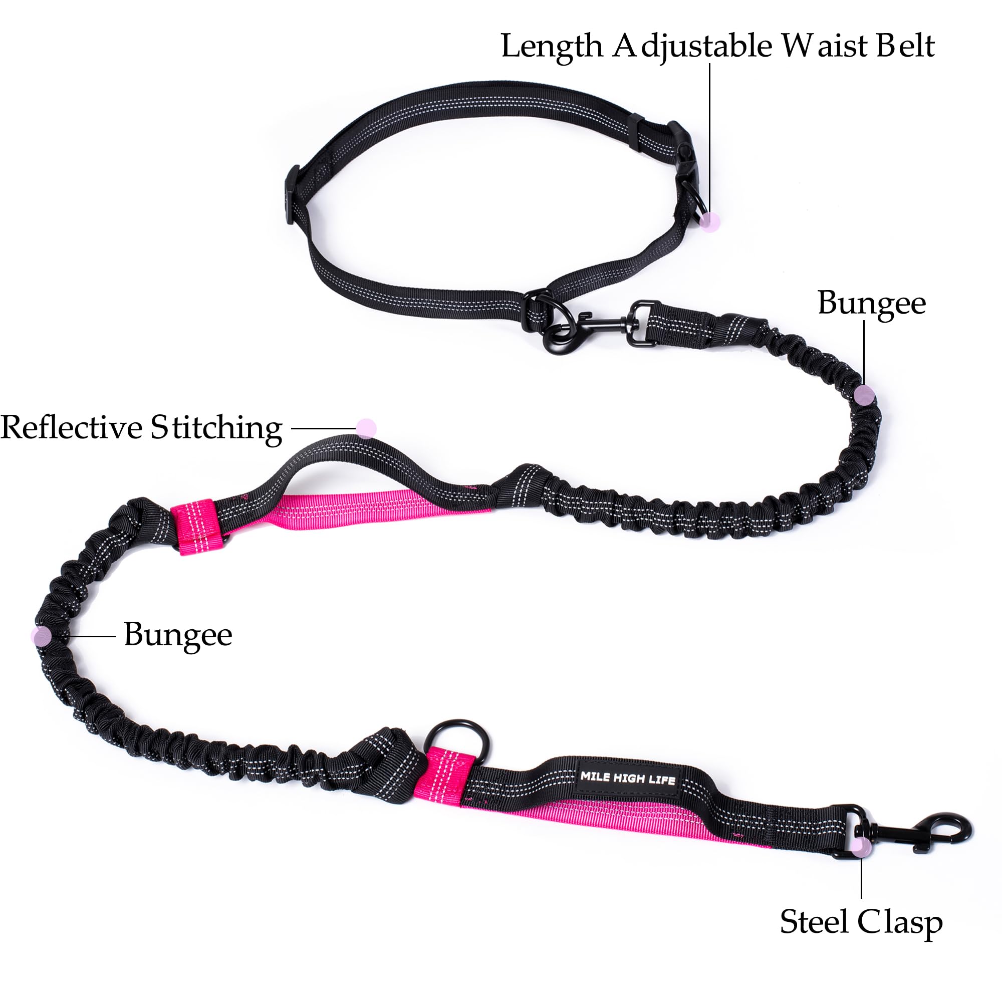 Mile High Life | Retractable Hands Free Dog 7Ft Leash | Waist Running Adjustable | Reflective Dual Black Bungees | Dual Handles | Small Medium Large Dogs | (Hot Pink)