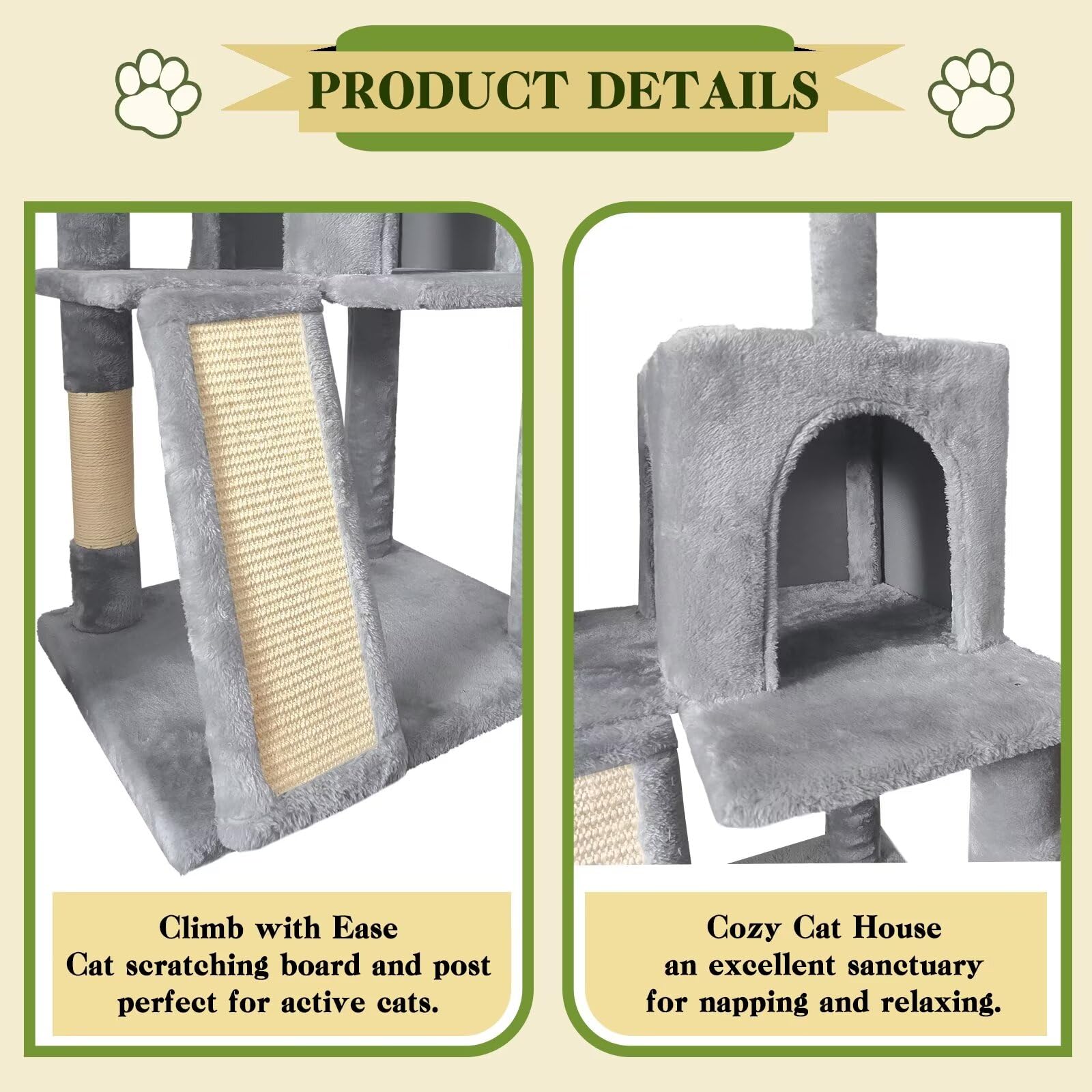 Pempet 57'' Cat Tree Tower For Indoor Cats, Multi-Level Cat Tower Condo With Sisal Scratching Post (Light Gray)