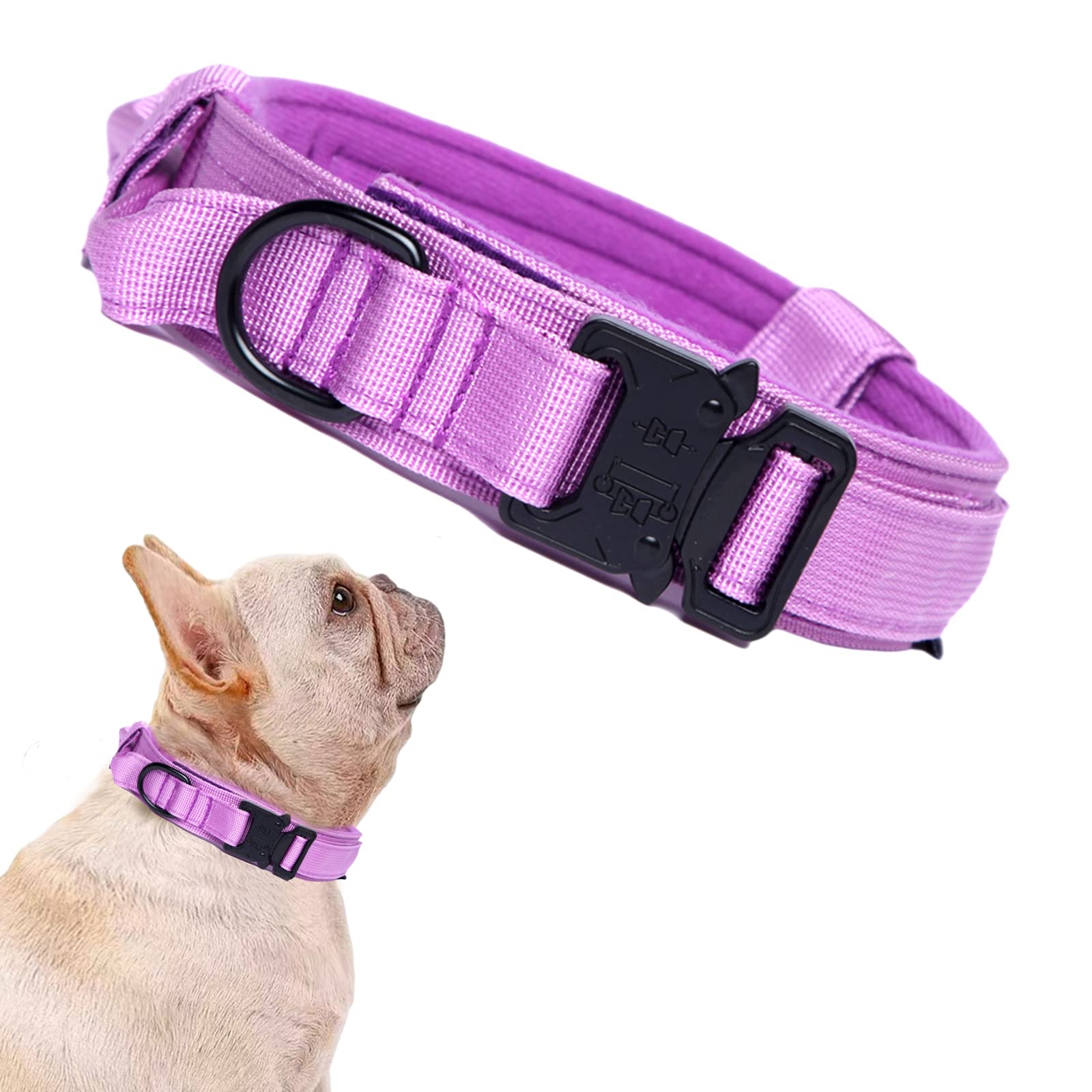 Tactical Dog Collar Military Dog Collar Adjustable Nylon Dog Collar Heavy Duty Metal Buckle With Handle For Dog Training (Purple,S)