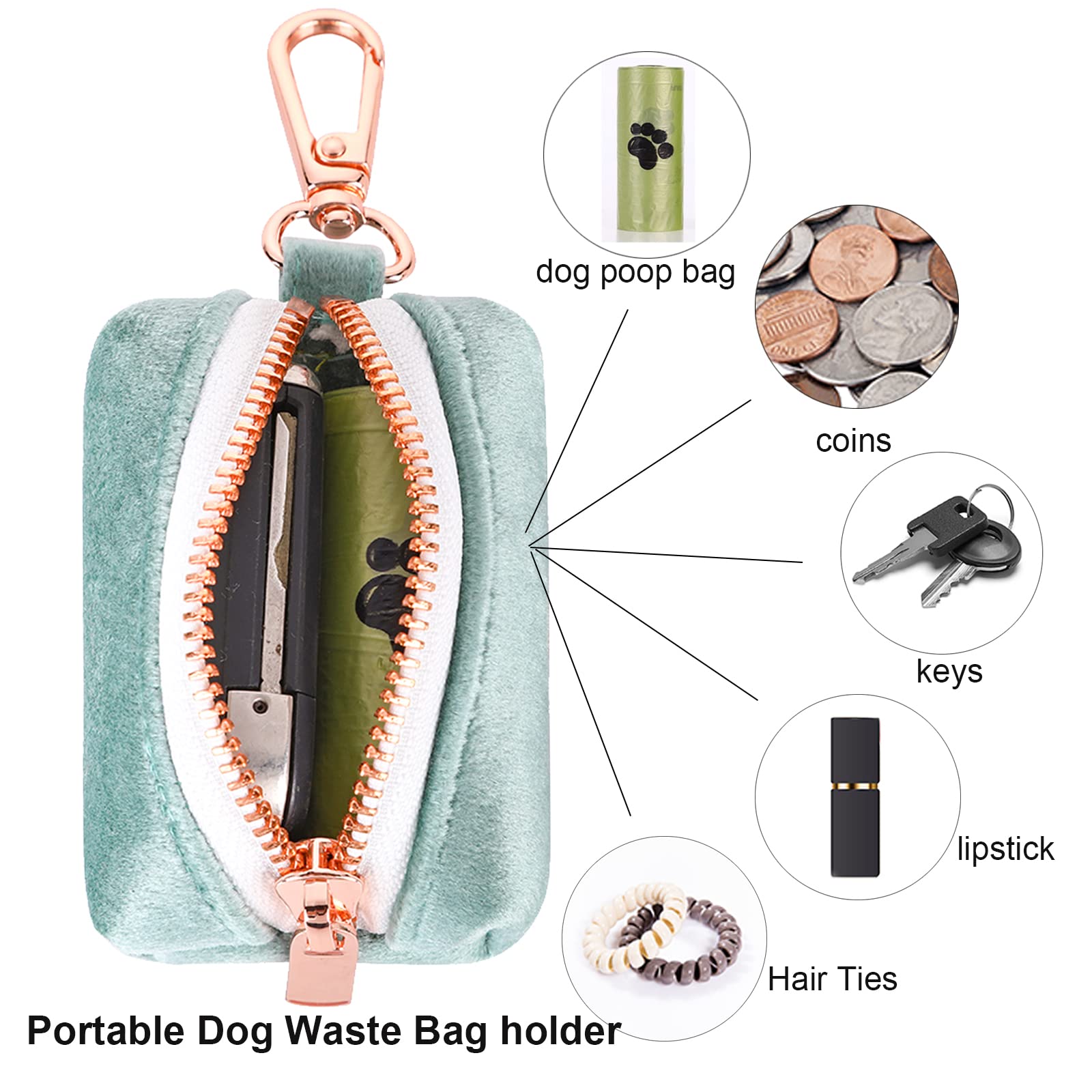 Aring Pet Dog Waste Bag Dispenser, Velvet Green Doggy Poop Bags Holders Attach To Any Leashes, Portable Washable Pet Waste Pouch