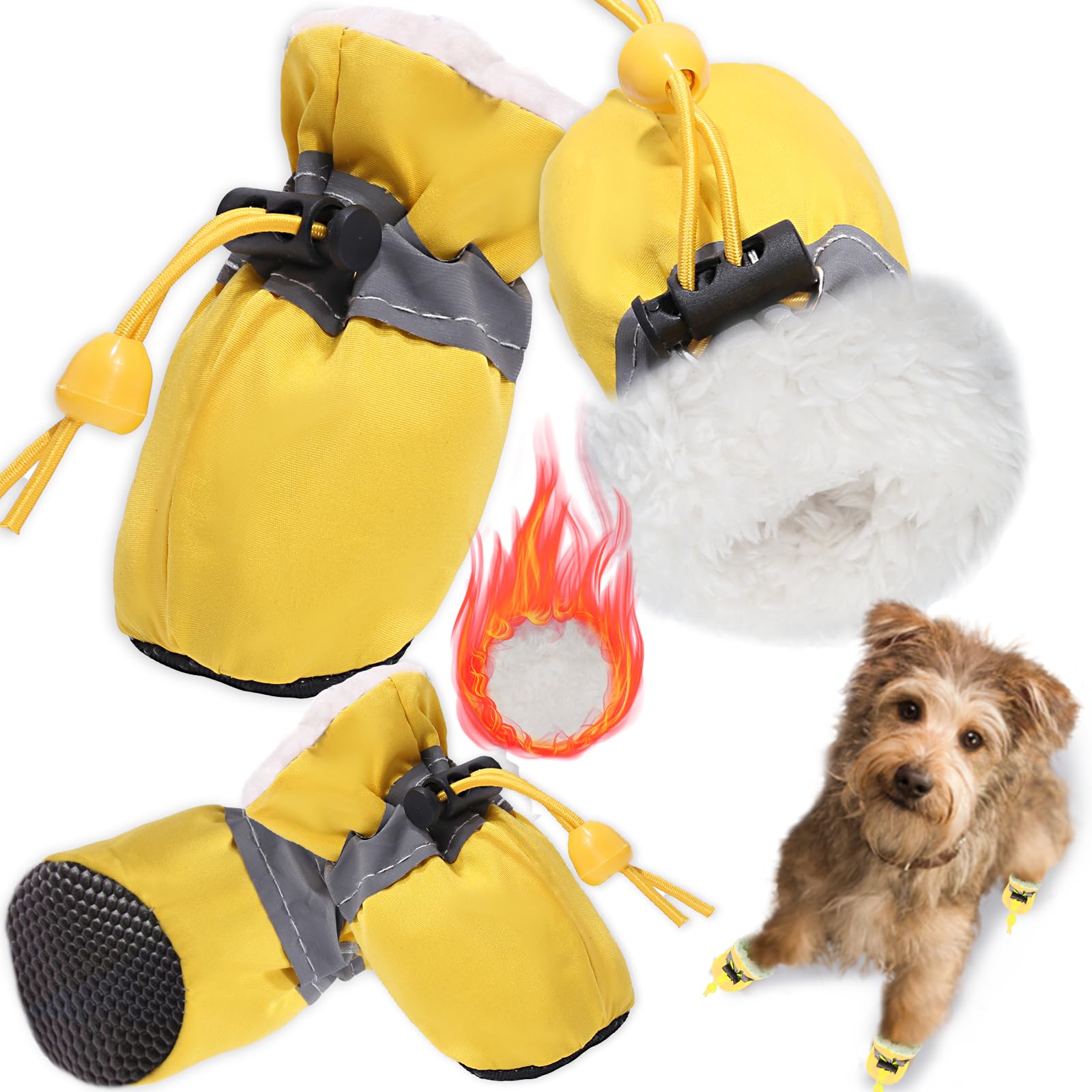 Teozzo Dog Shoes For Winter Dogs Boots & Paw Protector Warm Pet Booties For Puppy With Reflective Strip Dog Snow Boots For Small Medium Size Dogs 4Pcs Yellow Size3