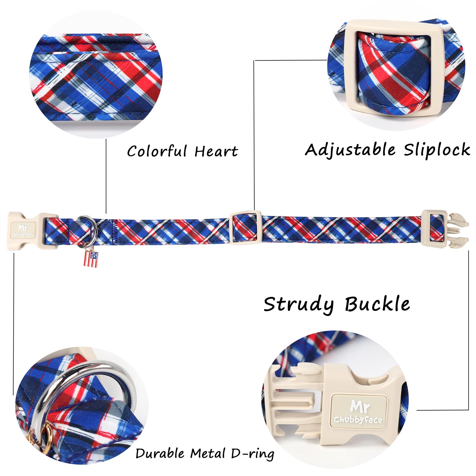 Mr.Chubbyface Plaid Cotton Dog Collar, Soft Checkered Patriotic Puppy Pet Collar With Plastic Buckle, Adjustable 4Th Of July Pet