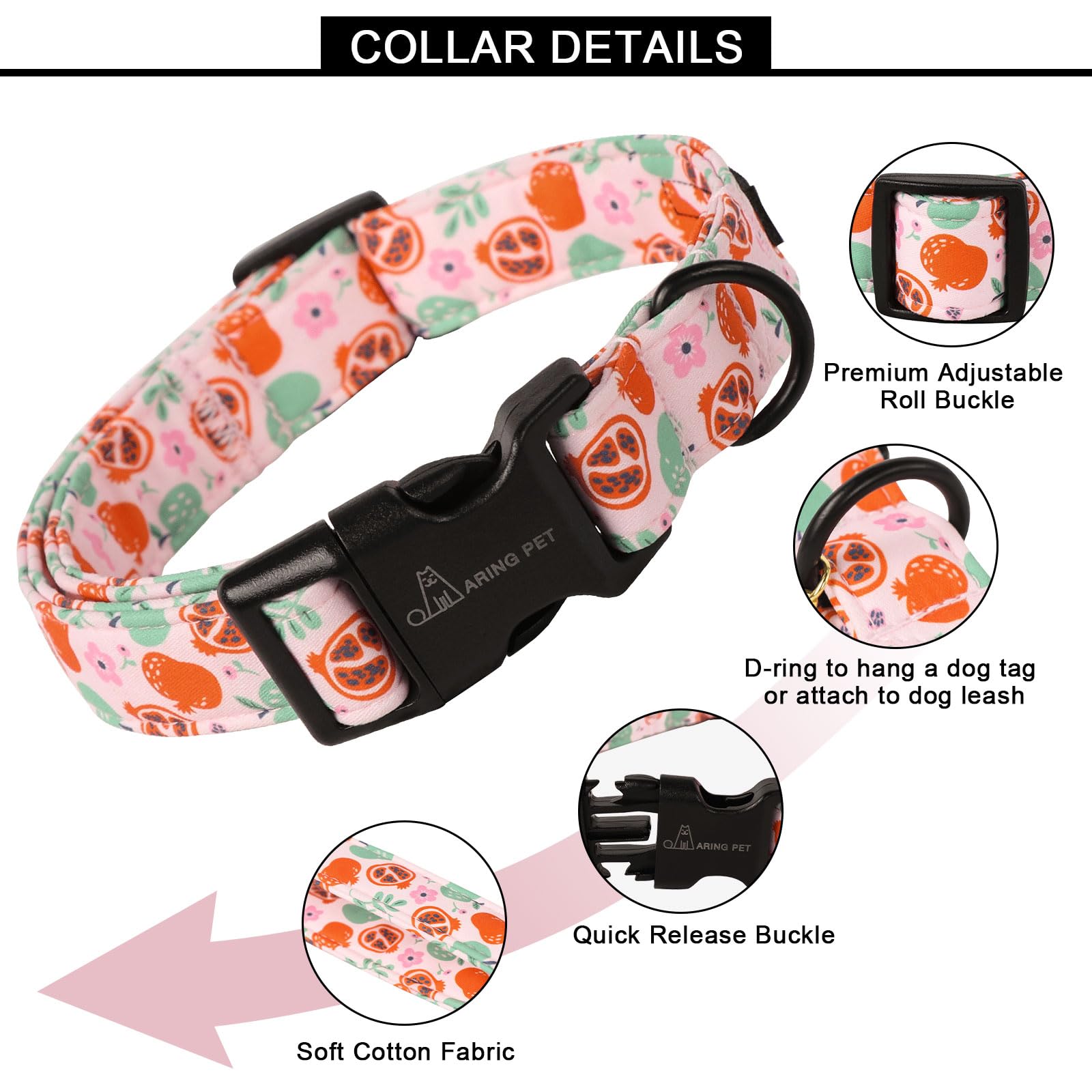 Aring Pet Fall Dog Collar-Cute Pink Small Dog Collar, Adjustable Pomegranate&Apple Print Pet Collars Puppy Collar With Quick Rel